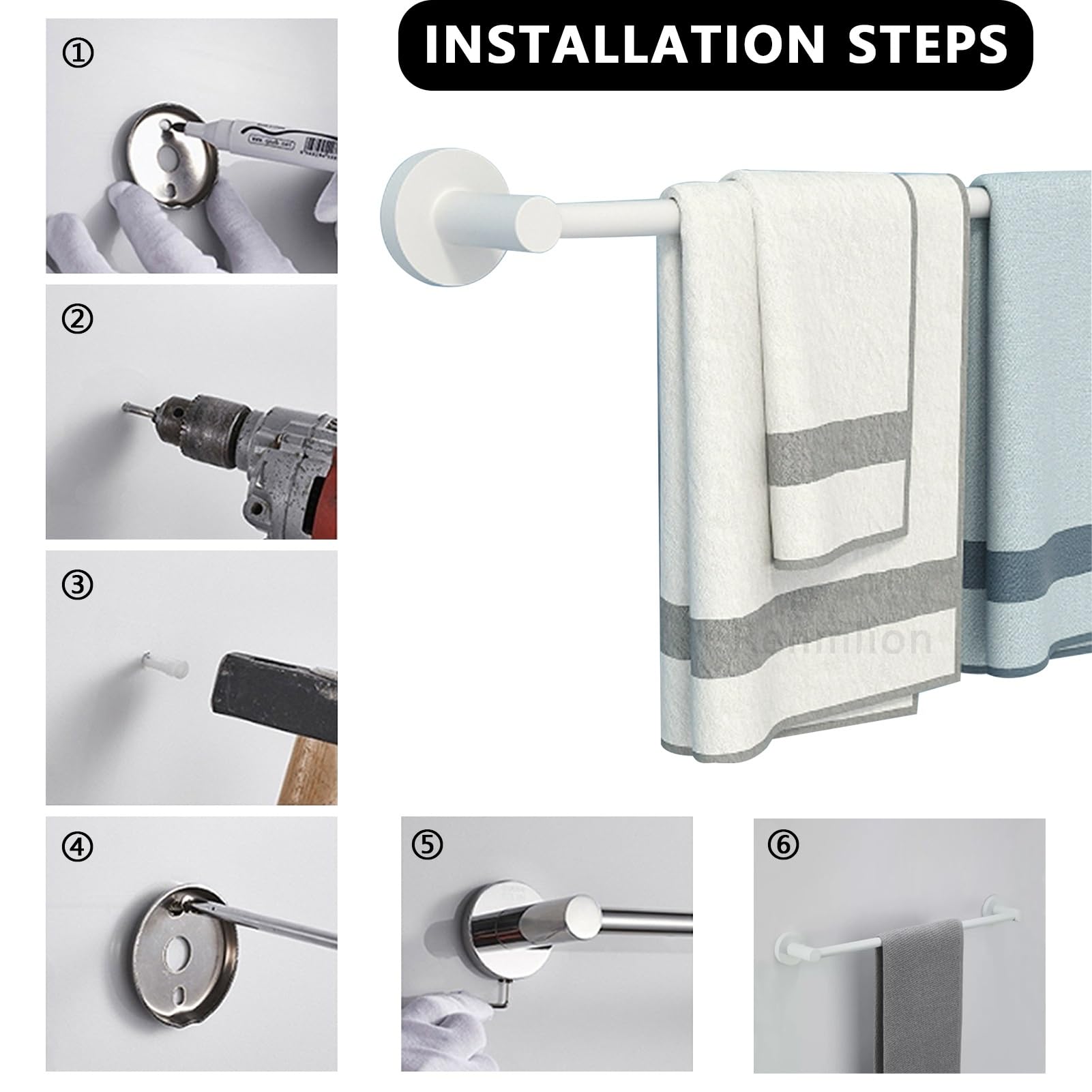 Toallero redondo de acero inoxidable de 60 cm, para colgar en la pared, para baño y cocina, toallero y percha, acabado blanco moderno, diseño que ahorra espacio