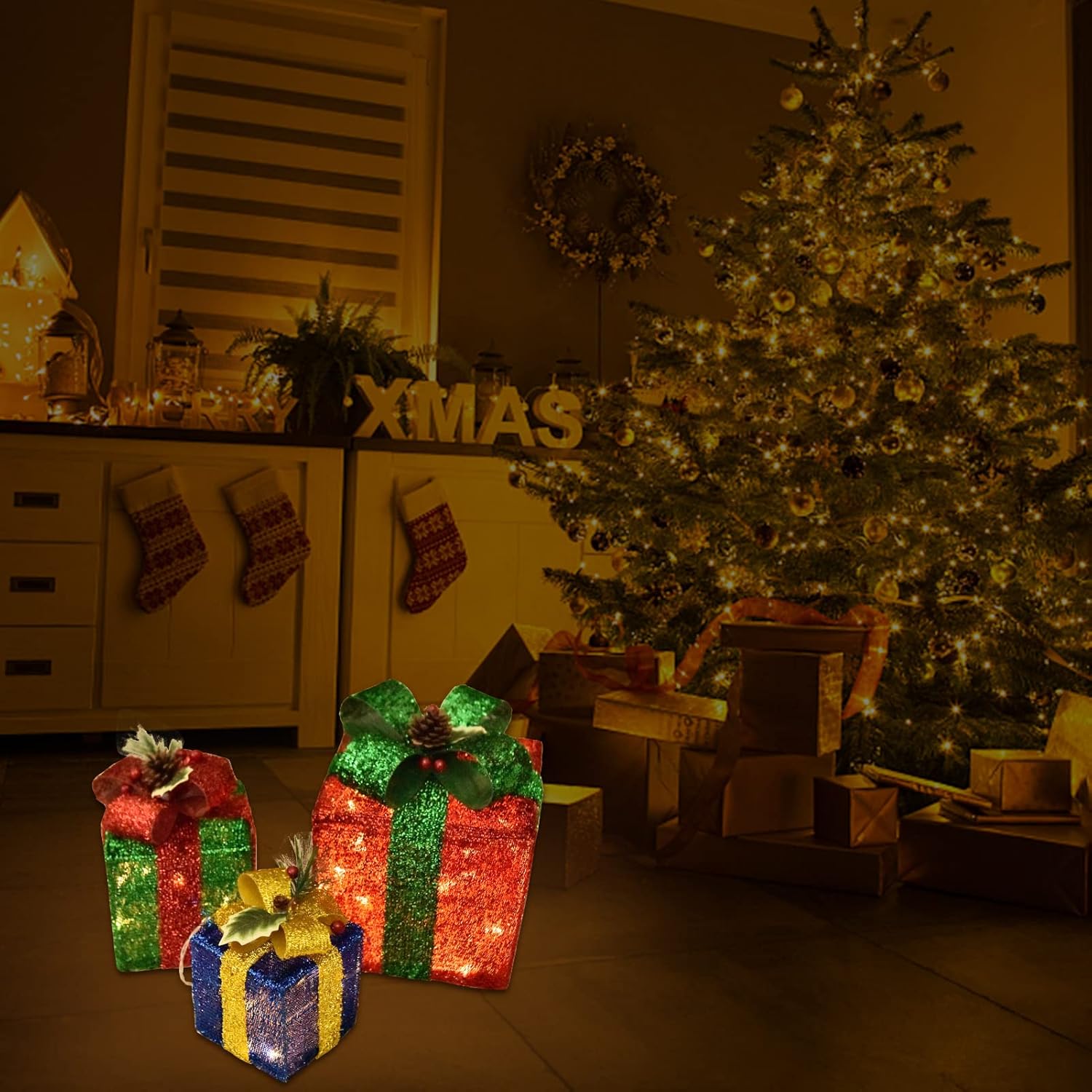 Bstge Christmas Lighted Gift Boxes Décor Set of 3 Christmas Decorations for Home, Christmas Ornaments, 48 Warm White LED with Bows for Indoor Outdoor Yard, Christmas Decor : Patio, Lawn & Garden