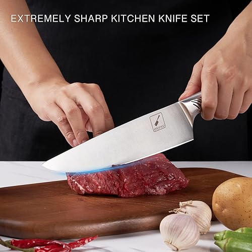 Miniatura 4 de imarku Juego de cuchillos de cocina con bloque, juego de cuchillos de acero inoxidable de alto carbono, de una sola pieza, aptos para lavavajillas,
