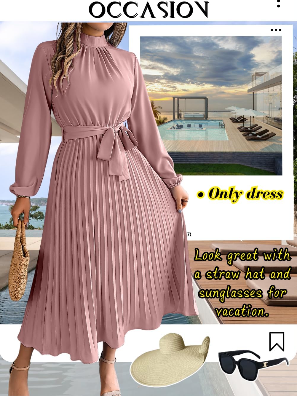 Pleated Maxi Dress, Mock Neck A Line, Fall Holiday, Long Sleeve Modest Business Casual Flowy Dresses for Women - Image 6