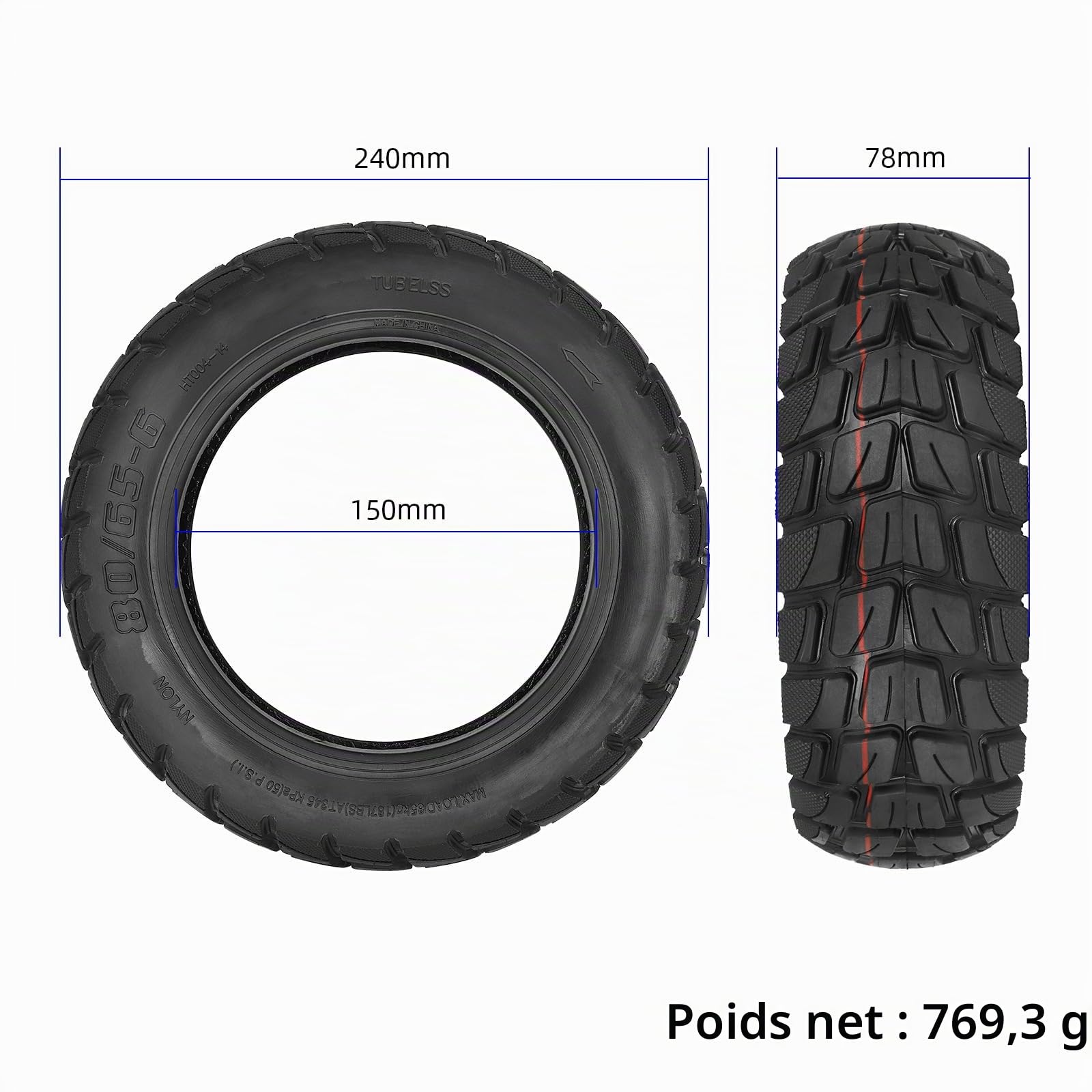 Pneu tout-terrain 80/65-6 pour trottinette électrique Kugoo M4 Pro/Zero 10X, 10 x 3,0 pouces (gonflable)