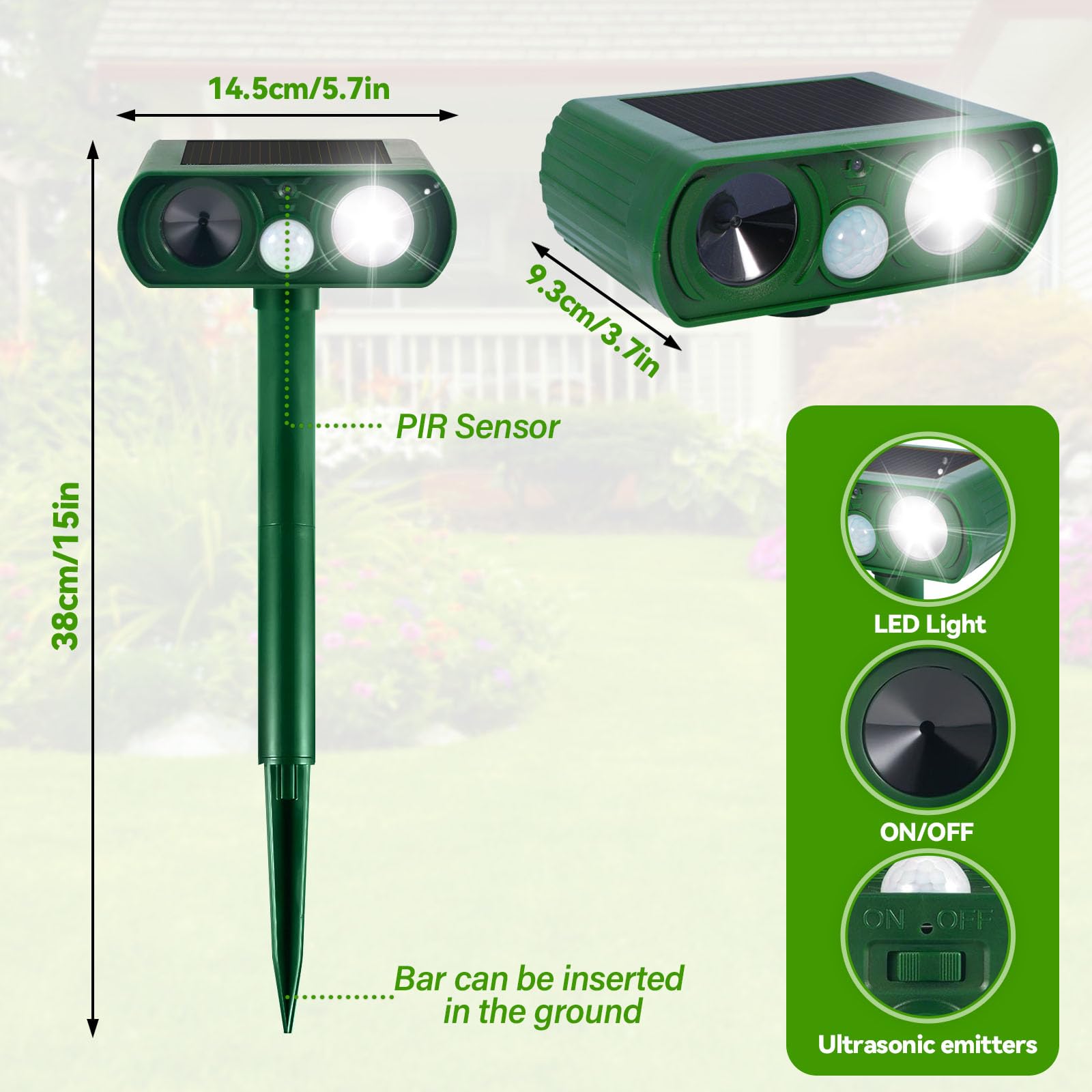 Répulsif Chat Ultrason Extérieur avec Détecteur de Mouvement Lumière LED Étanche pour Jardin Chien Écureuil Renard 510B