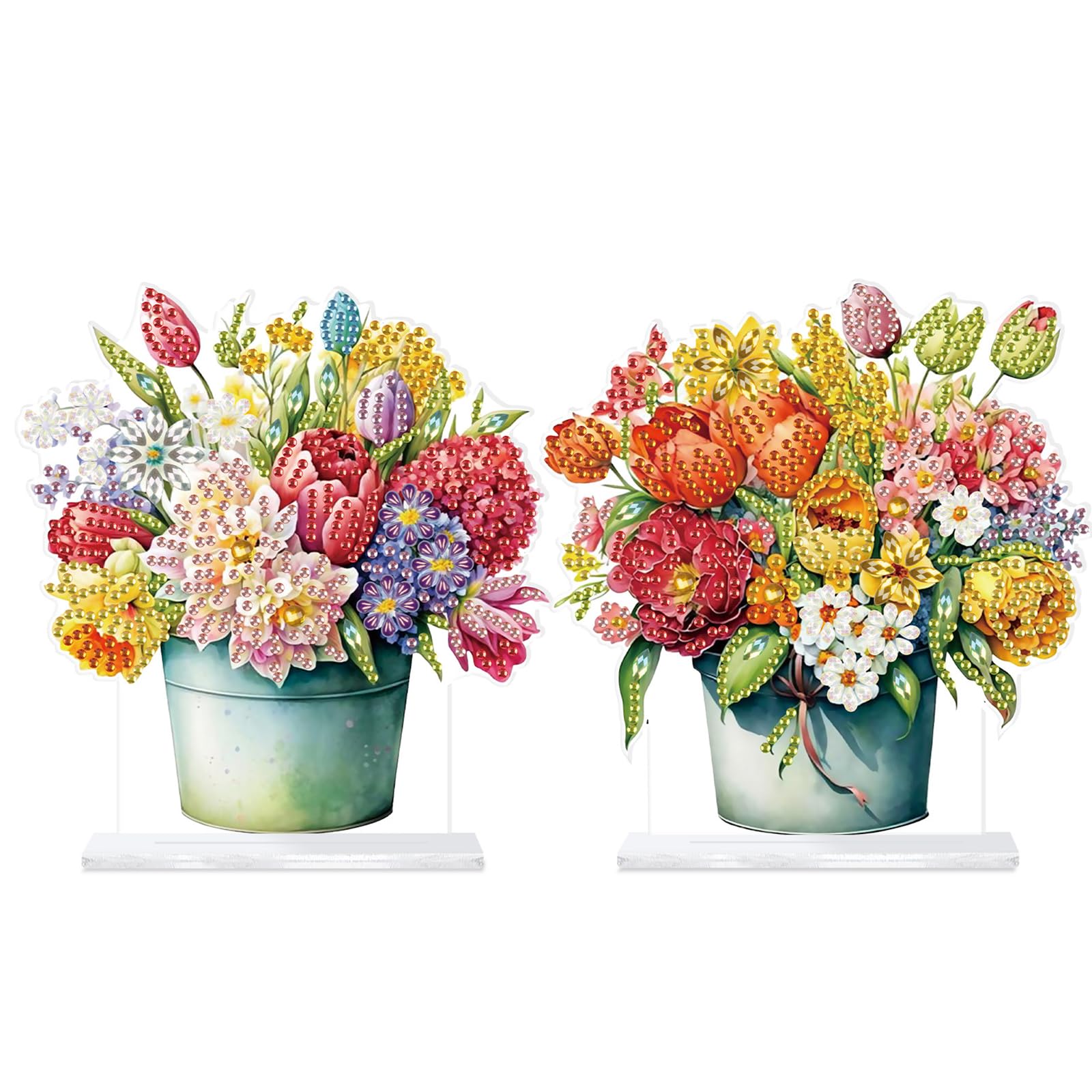 Diamond Art Desktop Ornament with Stand – 2PCS 5D Special Shaped Crystal DIY Diamond Art Kit for Adults | Tabletop Diamond Art Painting Decor | Home Office Desk Shelf Display & Gift(Bucket Bouquets)