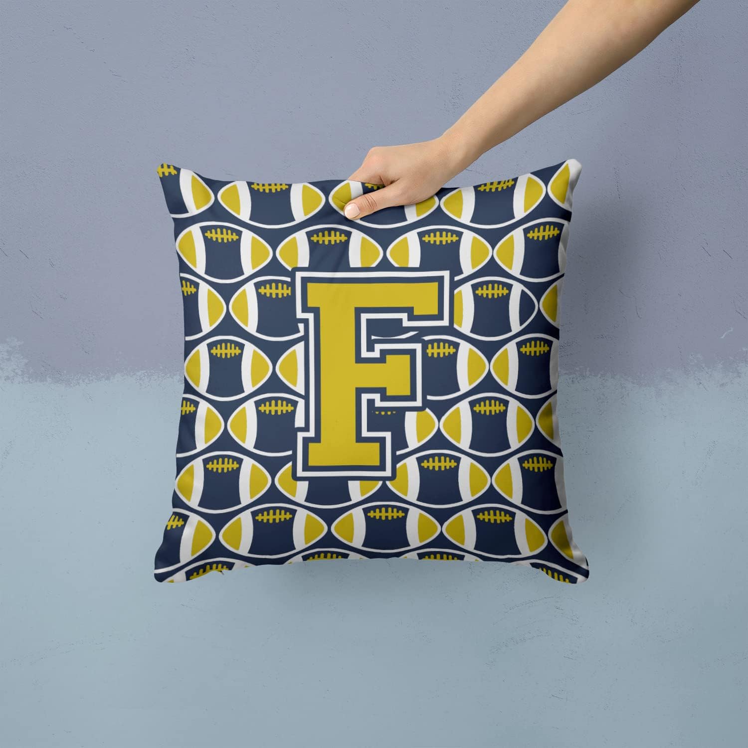 Caroline's Treasures CJ1074-FPW1414 Letter F Football Blue and Gold Fabric Decorative Pillow Machine Washable, Indoor Outdoor Decorative Pillow for Couch, Bed or Patio, 14Hx14W