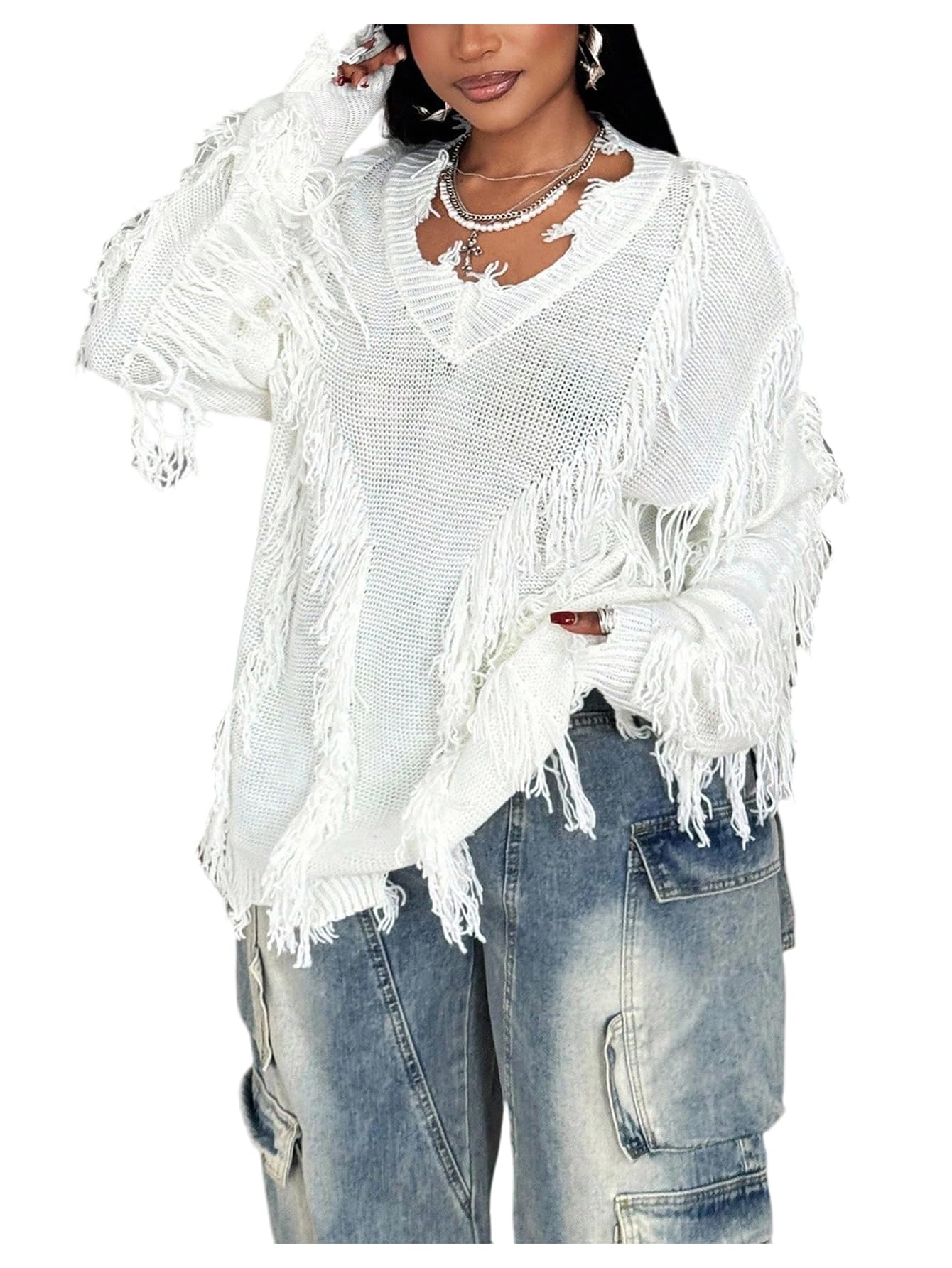 Womens Plus Size Ripped Distressed Sweaters V Neck Long Sleeve Gothic Fringe Sweater Y2K Jumper Fall Outfits