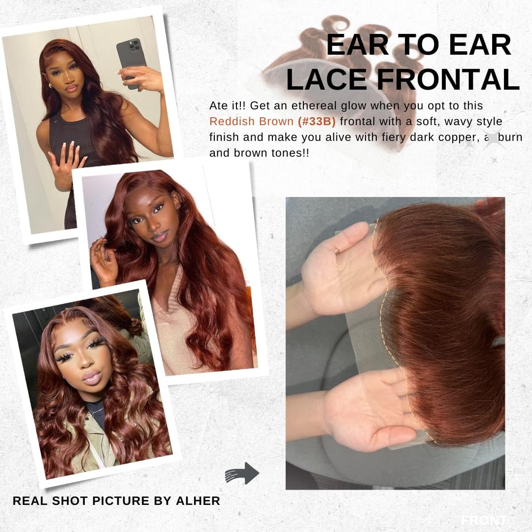 ALHER Light Reddish Brown 3 Bundles With Frontal Body Wave 33B Auburn Brown Colored 100% Virgin 12A Soft Hair Bundles with 13x4 Ear to Ear Lace Frontal Human Hair(12 14 16+12) Copper Red Color
