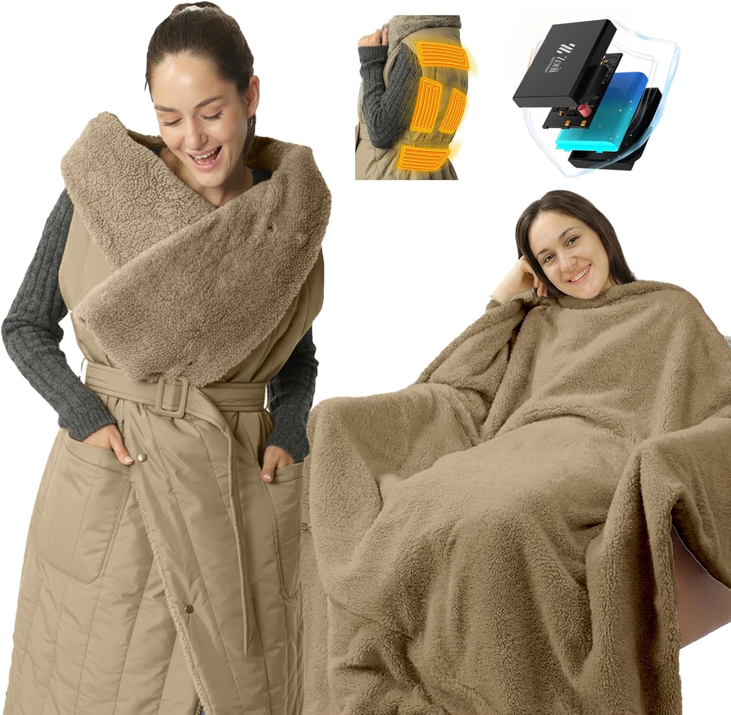 ZonLi Electric Wearable Heated Blanket, 2-in-1 Design Portable Cordless Heated Blankets Battery Operated Heated Shawl Blanket, Rechargeable Power Bank for Home, Office, Travel, Gift for Christmas