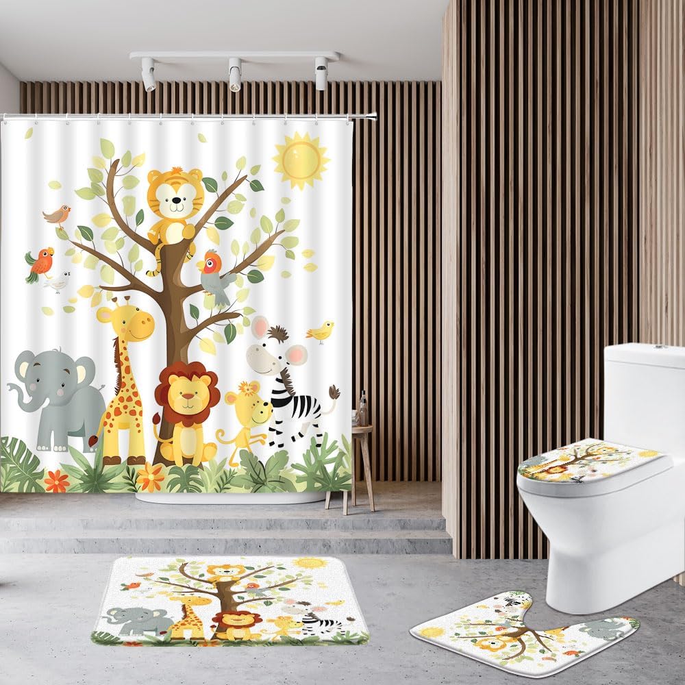 4 Piece Cartoon Animal Shower Curtain Set Safari Elephant Zoo Giraffe Animals Forest Monkey Zebra Jungle Parrot Bird Bathroom Rug Toilet Lid Cover Bath Mat 12 Hooks