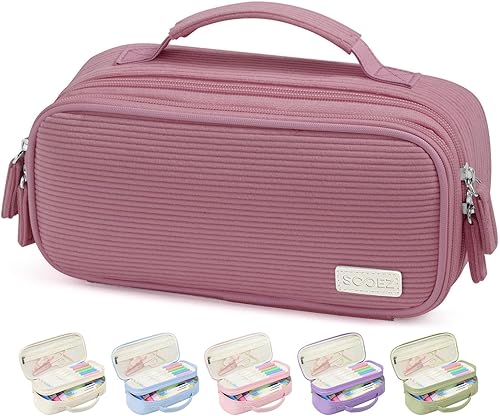 Sooez Estuche grande para lápices, bolsa de pana suave con asa, lindo estuche para bolígrafos, 5 compartimentos, organizador de amplia apertura para