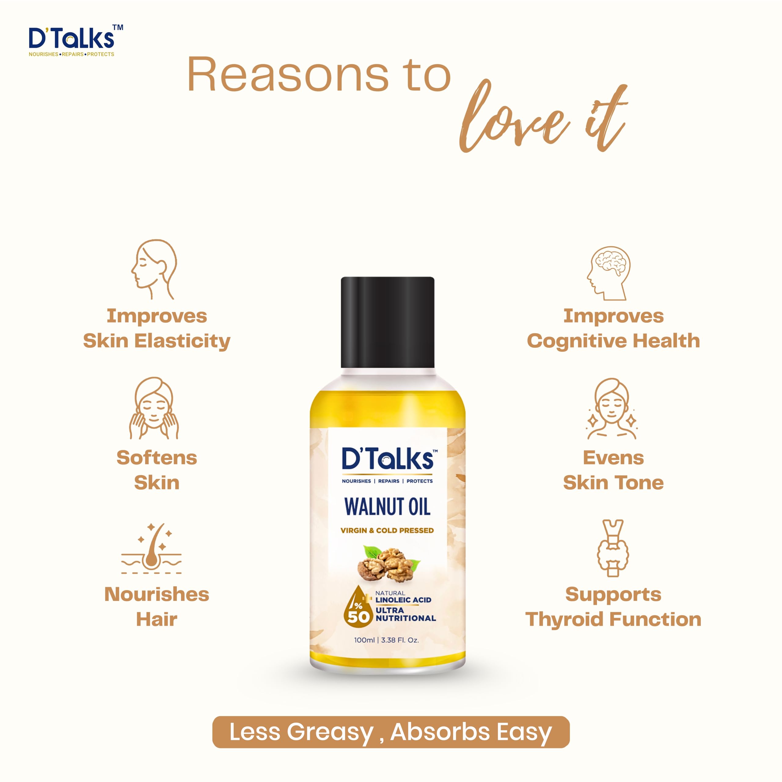 D'Talks Walnut Oil | TRULY Cold Pressed | Less Greasy ; Absorbs Easy | Food, Skin & Hair application | 100% Pure & Natural | Own manufactured | 100ml - Image 3 thumbnail