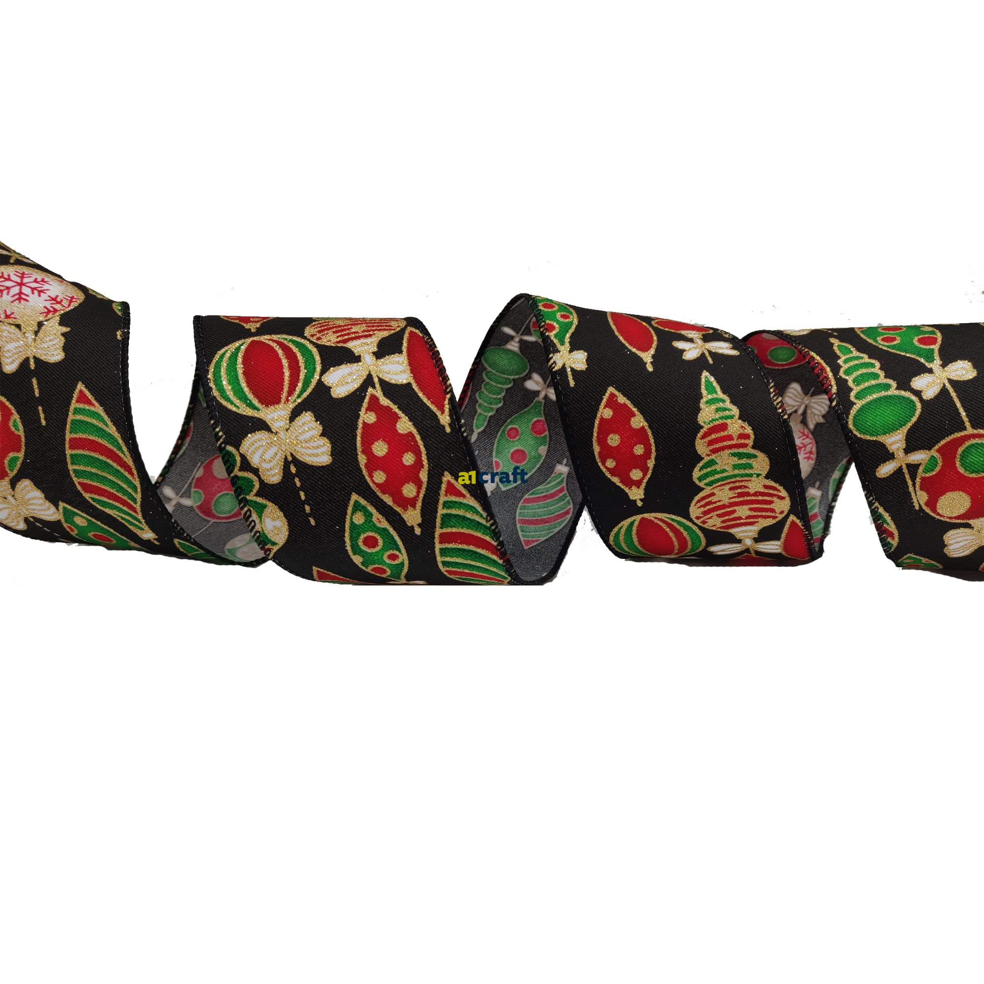 Christmas 63mm Wide Wire Edged Ribbon Wreath Party Decorations Gift Wrap Presents Craft Glitter Bow-No Roll (Christmas Bauble, 20 Meter)