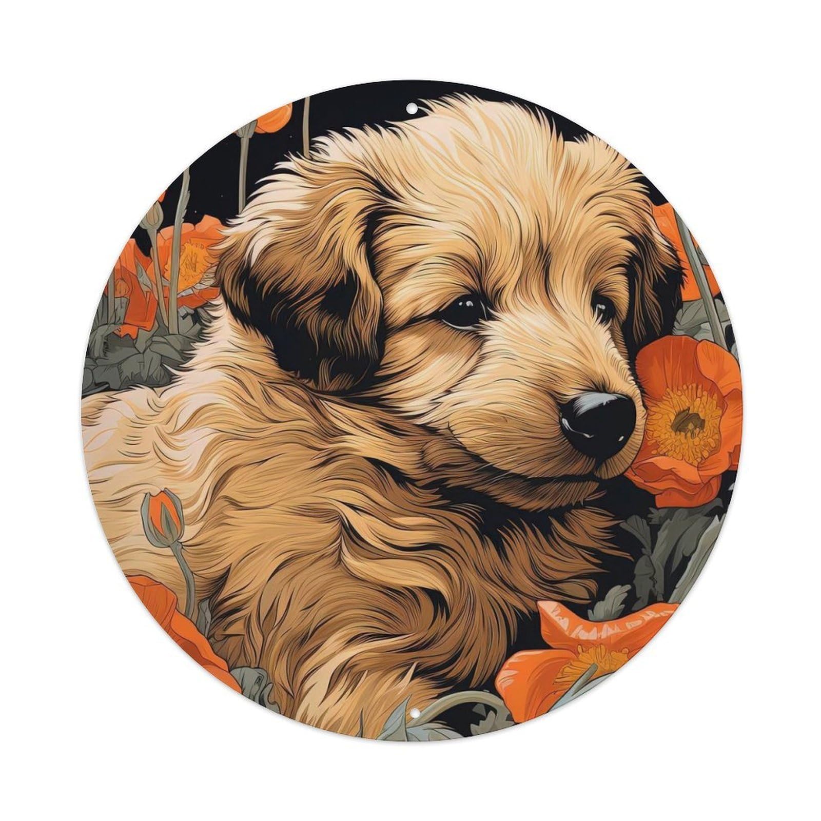Golden Retriever Puppy Animal Art Vintage Metal Tin Sign Plaque Wall Decor for Cafe, Club, Garden Round Metal Poster 8x8Inch
