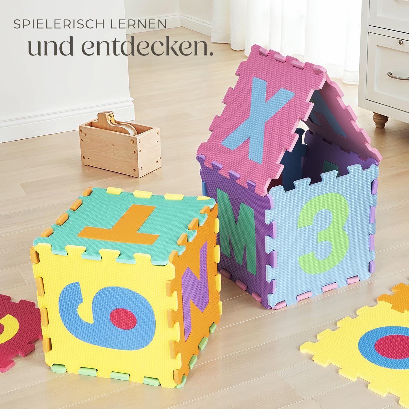 tectake® 86-teilige Puzzlematte Baby, Spielmatte Baby 3,6 m² Grundfläche, Krabbelmatte aus Eva Foam Schaumstoff, Lernteppich Schaumstoffplatte Buchstaben und Zahlen, Bodenschutzmatte, Puzzle Teppich