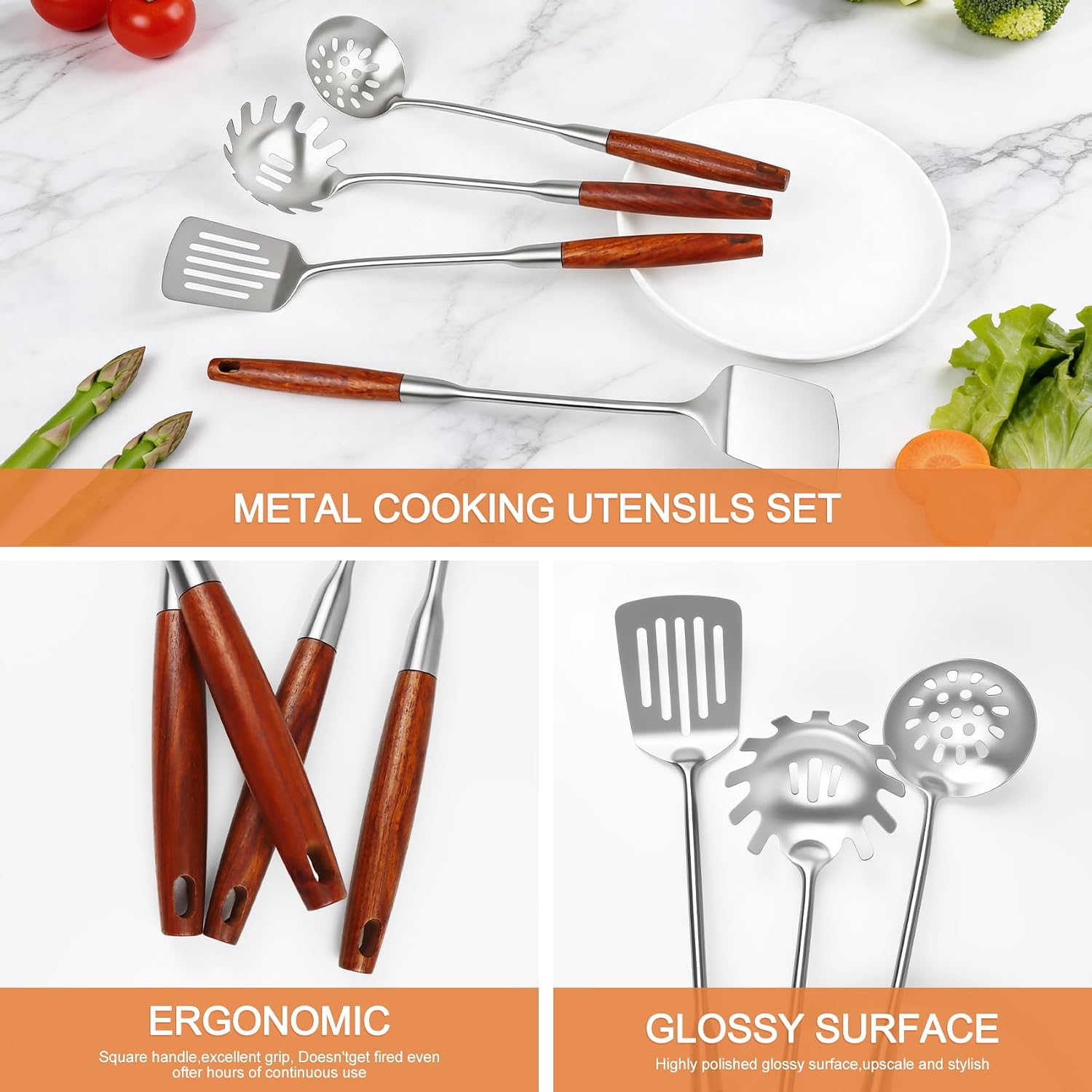 10pcs Stainless Steel Cooking Utensils Set Long Large Metal Kitchen Utensil Wok Tool for Professional Kitchens