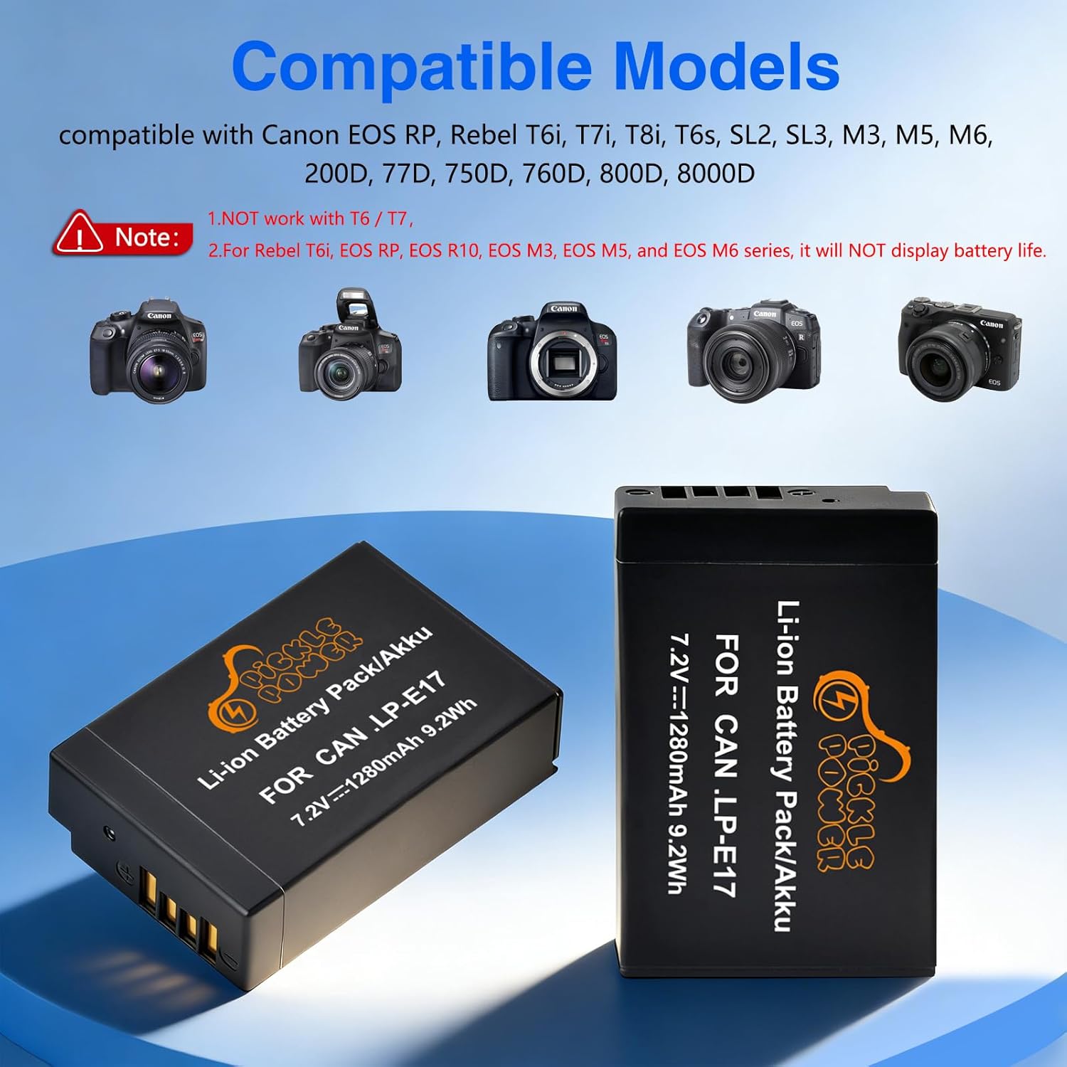 Pickle Power LP-E17 Battery 2-Pack and LED USB Charger for Canon EOS R50 R8 R10 RP, Rebel T8i T7i T6i T6s SL2 SL3, EOS M3, M5, M6, 200D, 77D, 750D, 760D, 800D, 8000D, KISS X8i Camera