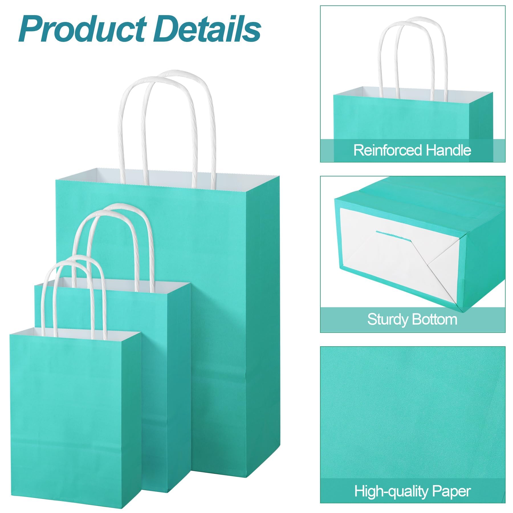 MIMIND 144 Pieces Teal Blue Gift Bags with Handles Assorted Sizes Mint Turquoise Paper Goodie Bags Bulk Party Favor Bags Supplies Baby Shower Birthday Wedding Engagement Bridal