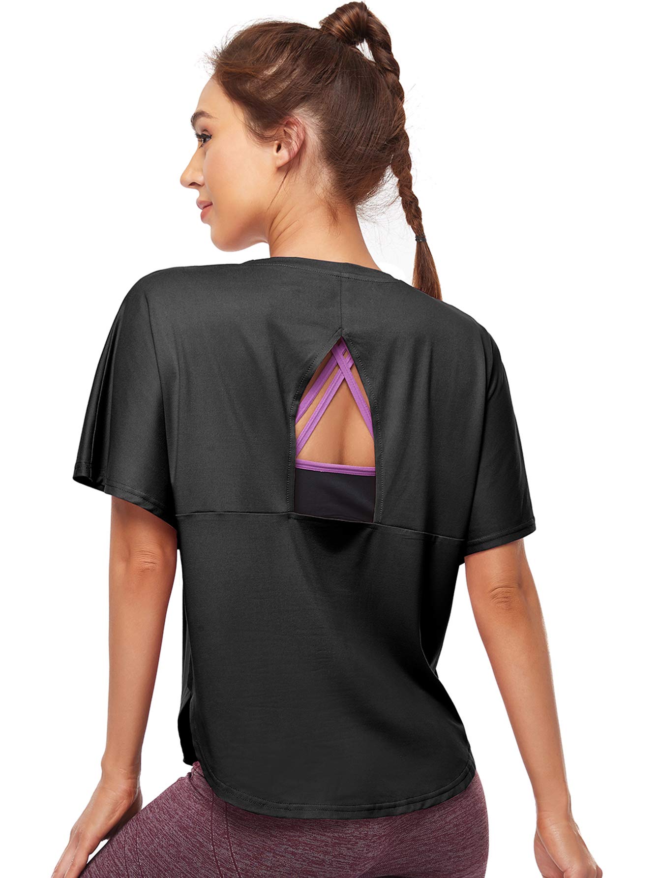 Workout Tops for Women Cutout Back Summer Yoga Tops Casual Athletic Gym Sport Tee Shirts-image-11