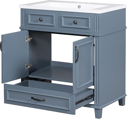 Miniatura 7 de LUMISOL Combo de tocador de baño de 30 pulgadas con lavabo, armario de almacenamiento retro con un cajón y puertas de cierre suave, marco de madera