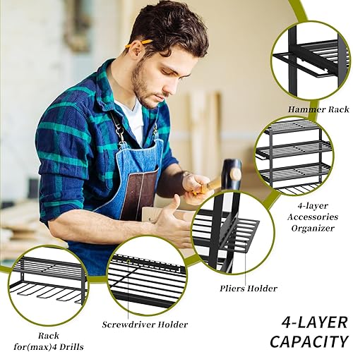 Miniatura 4 de KAFAHOM Organizador de herramientas eléctricas, soportes para taladros de 4 capas para montaje en pared, organizadores de metal resistente y estante