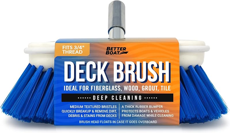 Medium Boat Deck Brush, Heavy-Duty Marine Brush Head, 8" Bristle | Bumper, 3/4" Thread Handle, for RV, Truck, and Auto Cleaning