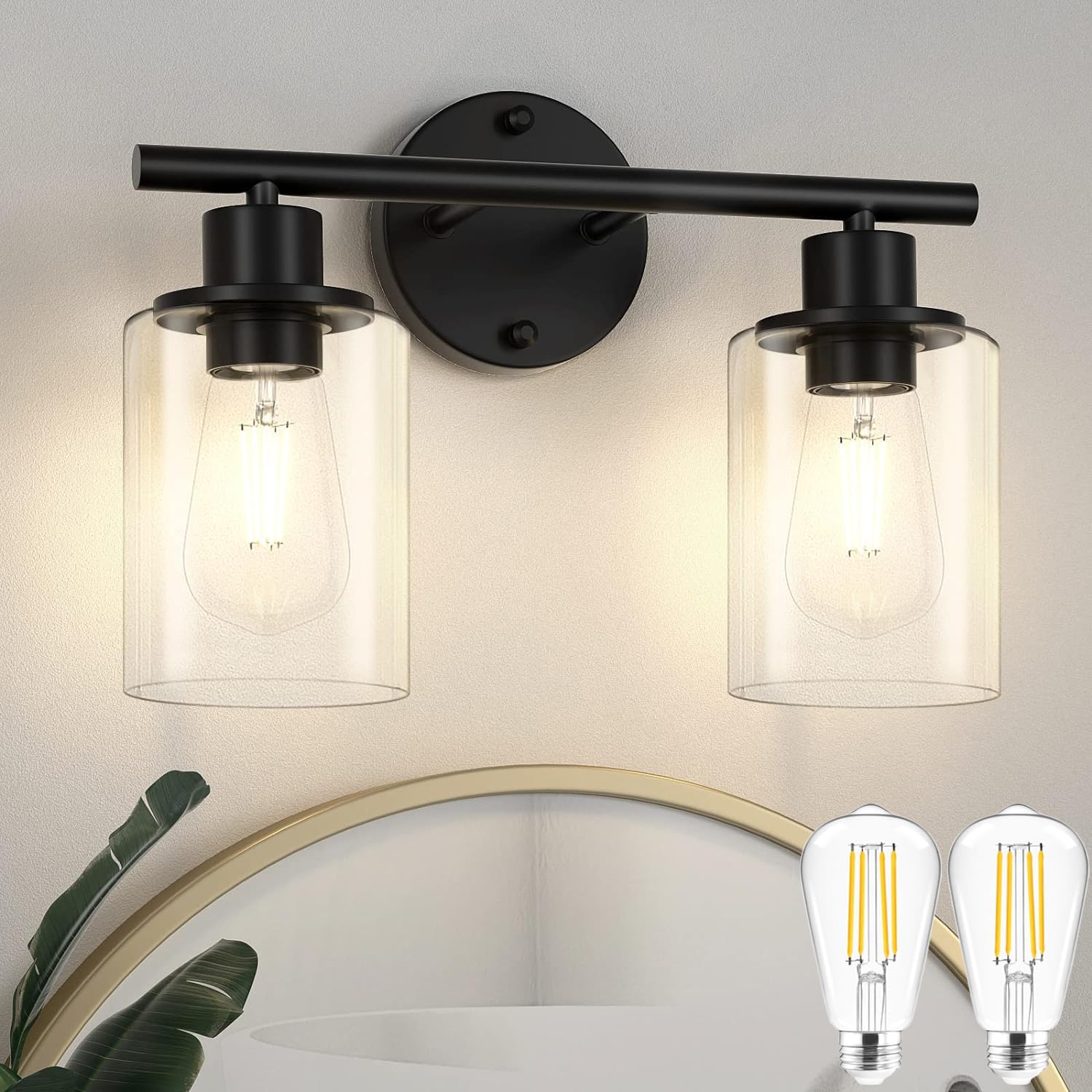 Licperron 2-Light Bathroom Vanity Light Fixtures, Modern Black Bathroom Vanity Light Over Mirror with Clear Glass Shade, Industrial Wall Mounted Sconces Lighting for Bedroom Hallway (with Bulbs 2-Light (With Bulbs)