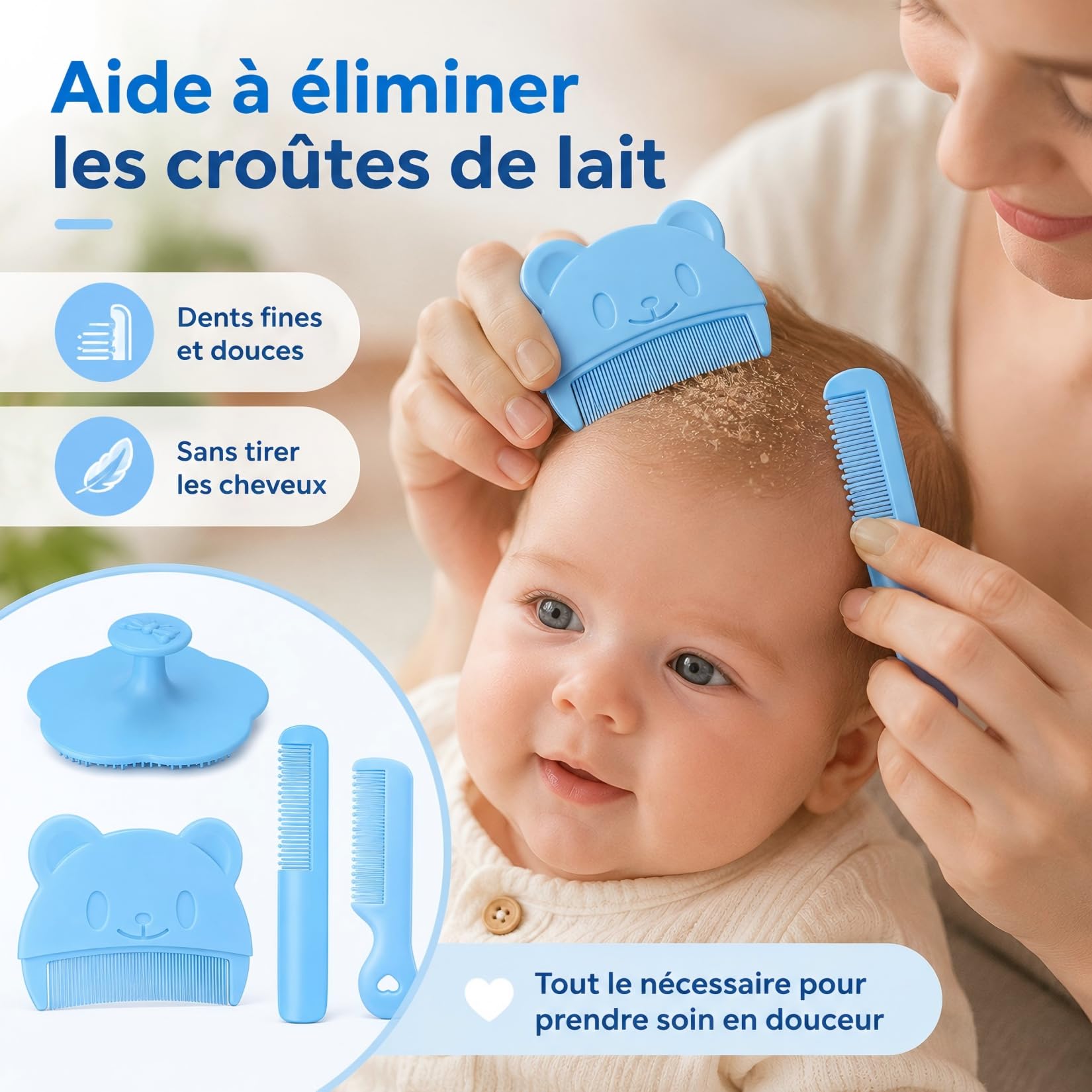 Lot de 4 Brosses et Peignes pour Bébé, Peigne Doux Anti-Croûte de Lait, Brosse à Cheveux Bébé, Peigne Anti-Croûte Efficace, Aide au Nettoyage et Massage Doux du Cuir Chevelu pour Nouveau-Nés et Bébés