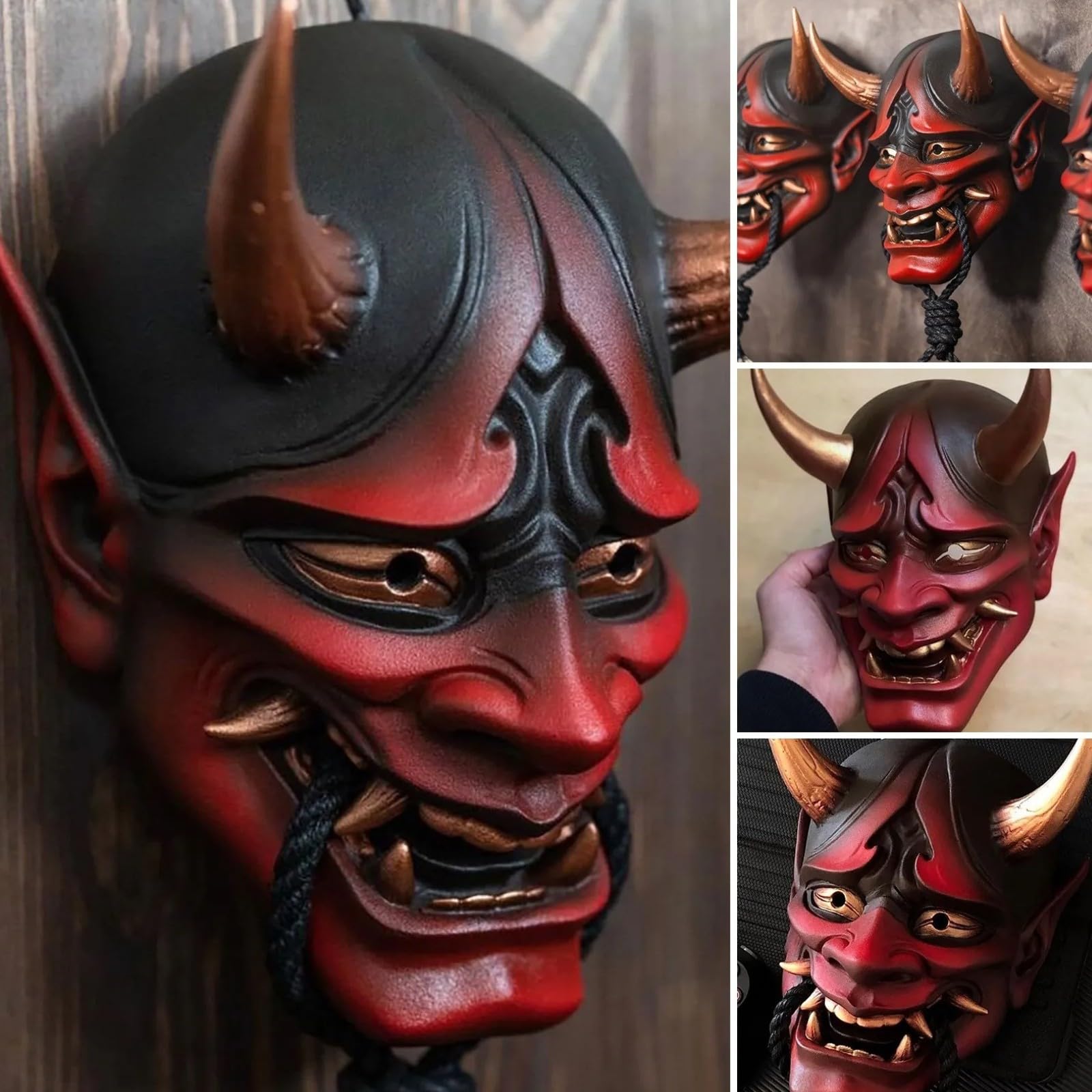 HTLNUZD Full Face Mask Halloween Latex Mask Cosplay Japanese for PrajnaHeadgear Samurai Evil KabukiHannya Party Mask Decorate (Red-1)