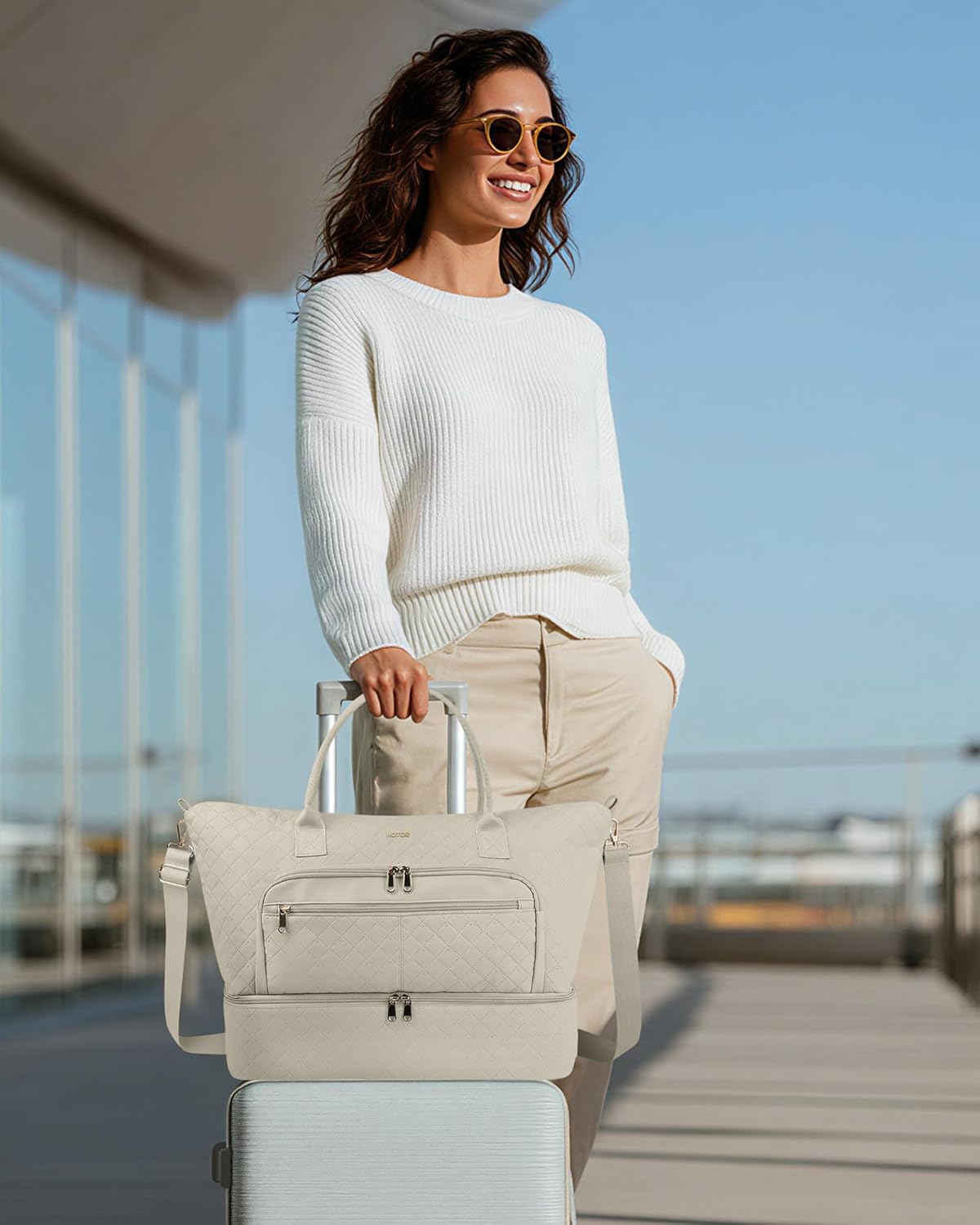 HOTOR Travel Duffle Bag for Women - Carry on Bag with Toiletry Pouch & Shoe Compartment, Large Overnight Weekender Bags for Gym, Business Trips, Sports and Hospital, Beige, 17.3" x 7.9" x 13.4" - Image 3