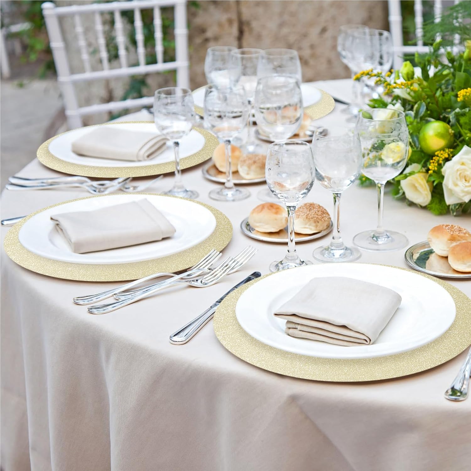 30 PCS Champagne Paper Placemats Round Place Mat Light Gold Glitter Disposable Paper Charger Doilies Tablemats for Birthday Banquet New Year Graduation Party Dinner Table Decor(13x13inch)