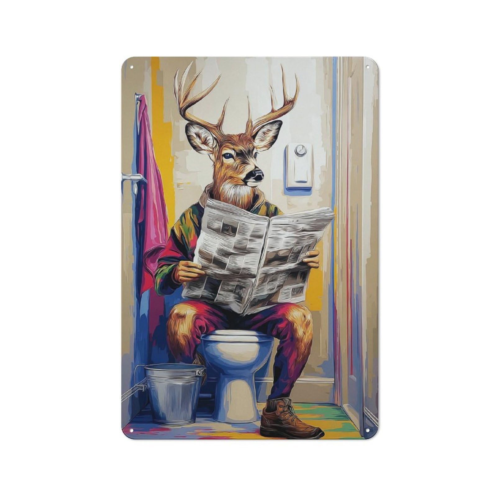 Junmoney Deer Reading Newspaper In Bathroom-1 Metal Sign 30X20cm With For Hallway Wall, Retro Decor, Autumn Home Decor For Collectors Of Metal Signs