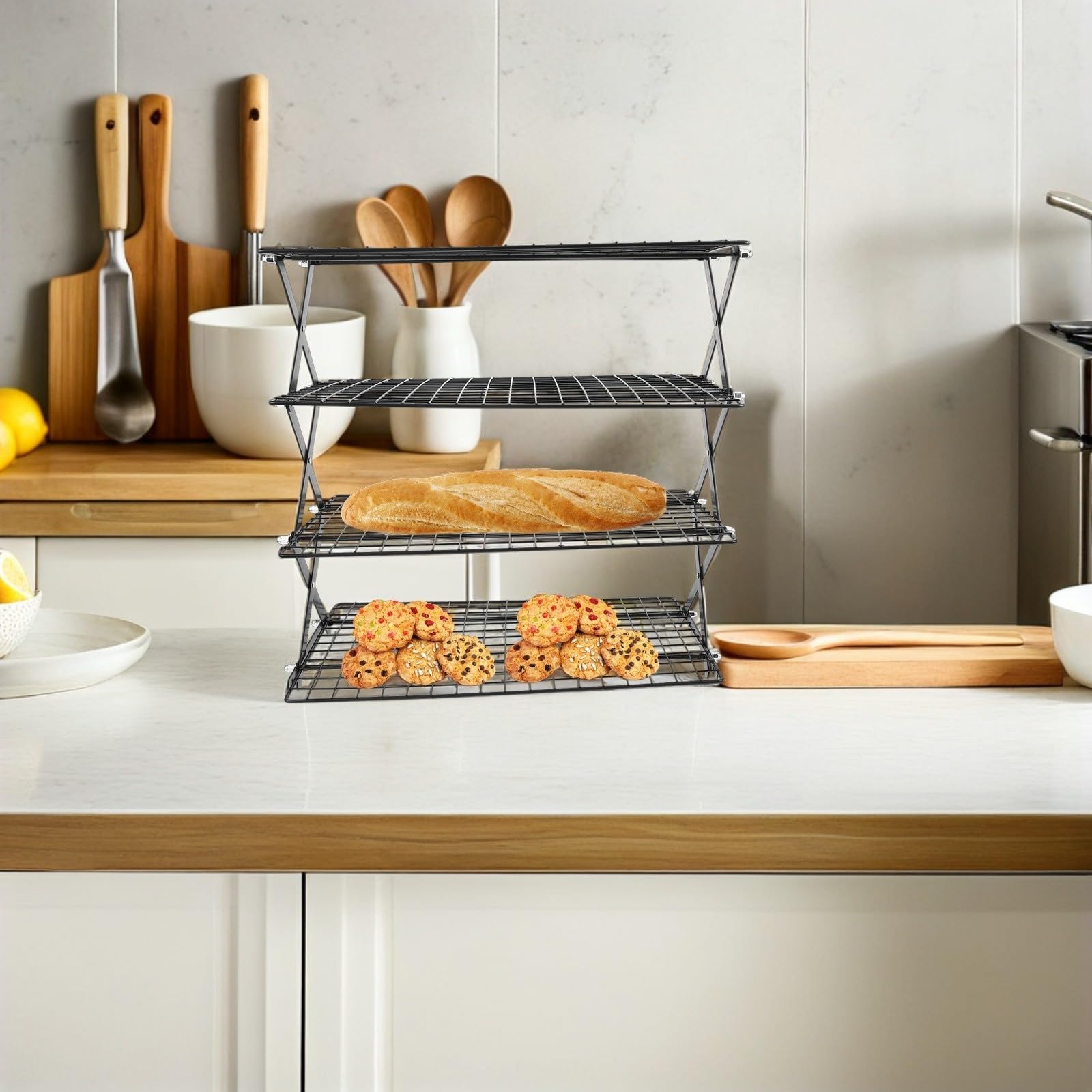 Griglia di Raffreddamento per Pane a 4 Livelli in Ferro Nero, Pieghevole e Salvaspazio, per Pasticceria e Snack in Cucina per Panettieri Domestici