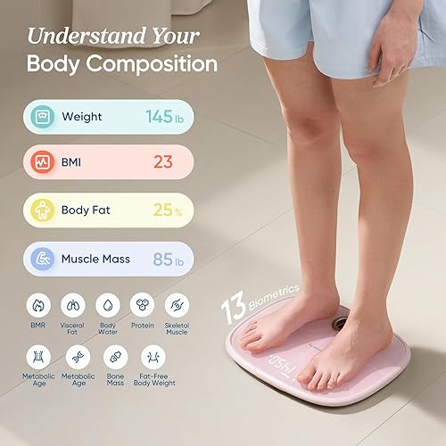 Miniatura 2 de Etekcity Báscula inteligente rosa recargable para peso corporal, IMC, grasa, masa muscular, báscula de baño digital con 13 métricas, modo secreto,