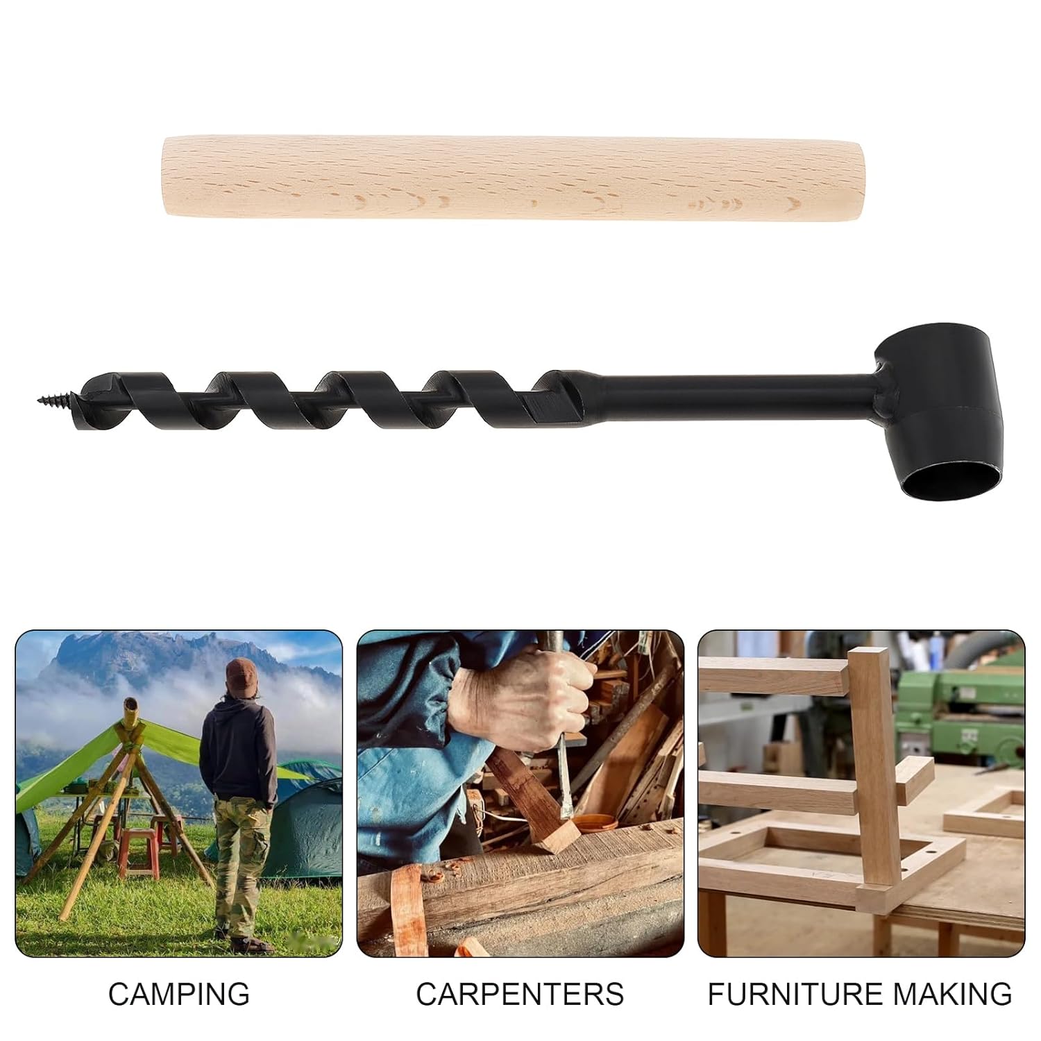 Bushcraft Gear Hand Auger Wrench, Multipurpose Manual Survival Drill Bit Woodworking Hole Saw Bit, 0.62in/16mm for Outdoor, Camping with Wooden Stick