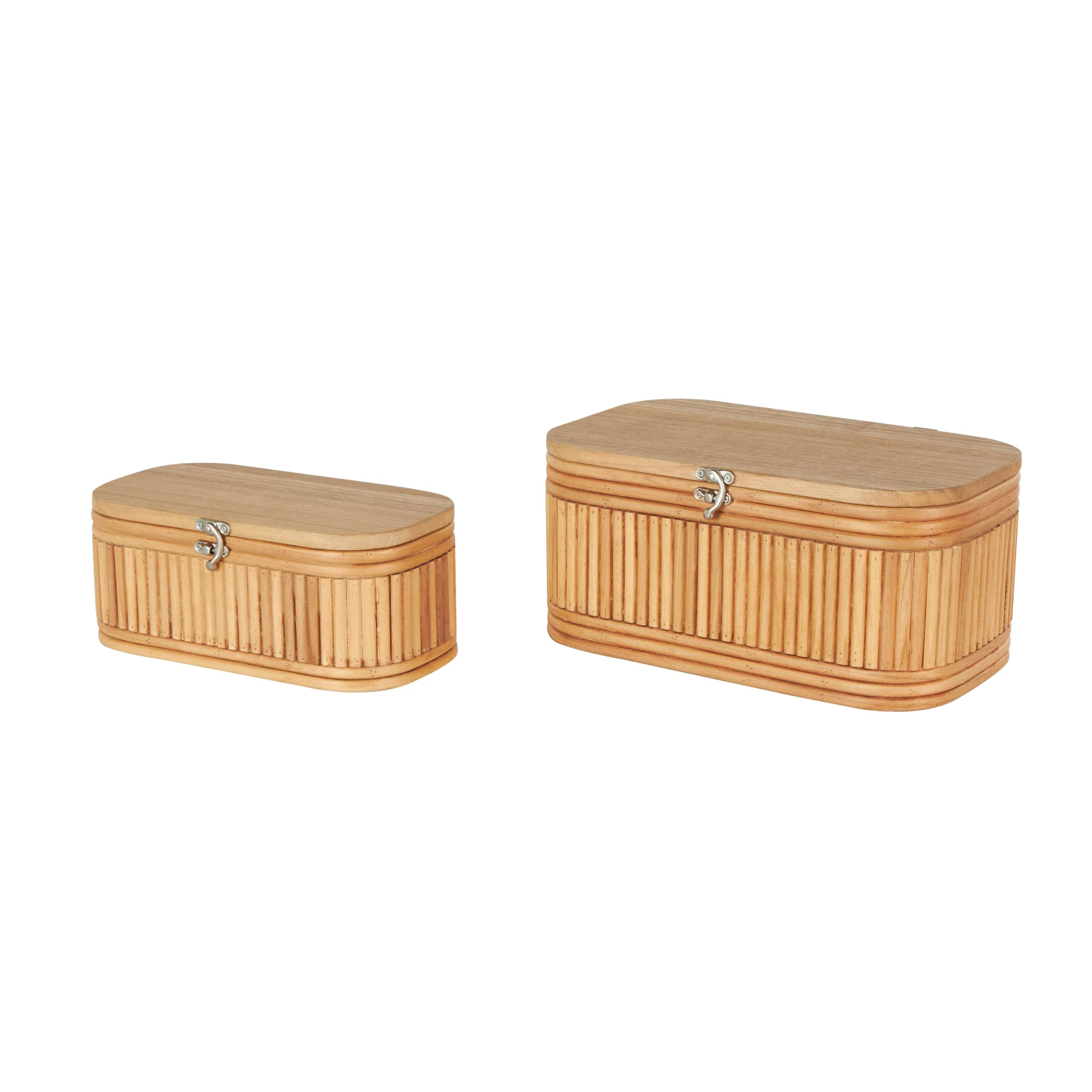 Photo 1 of Deco 79 Wood Decorative Box Ribbed Decorative Keepsake Boxes with Brass Latches, Set of 2 Storage Boxes 12", 10"W, Brown