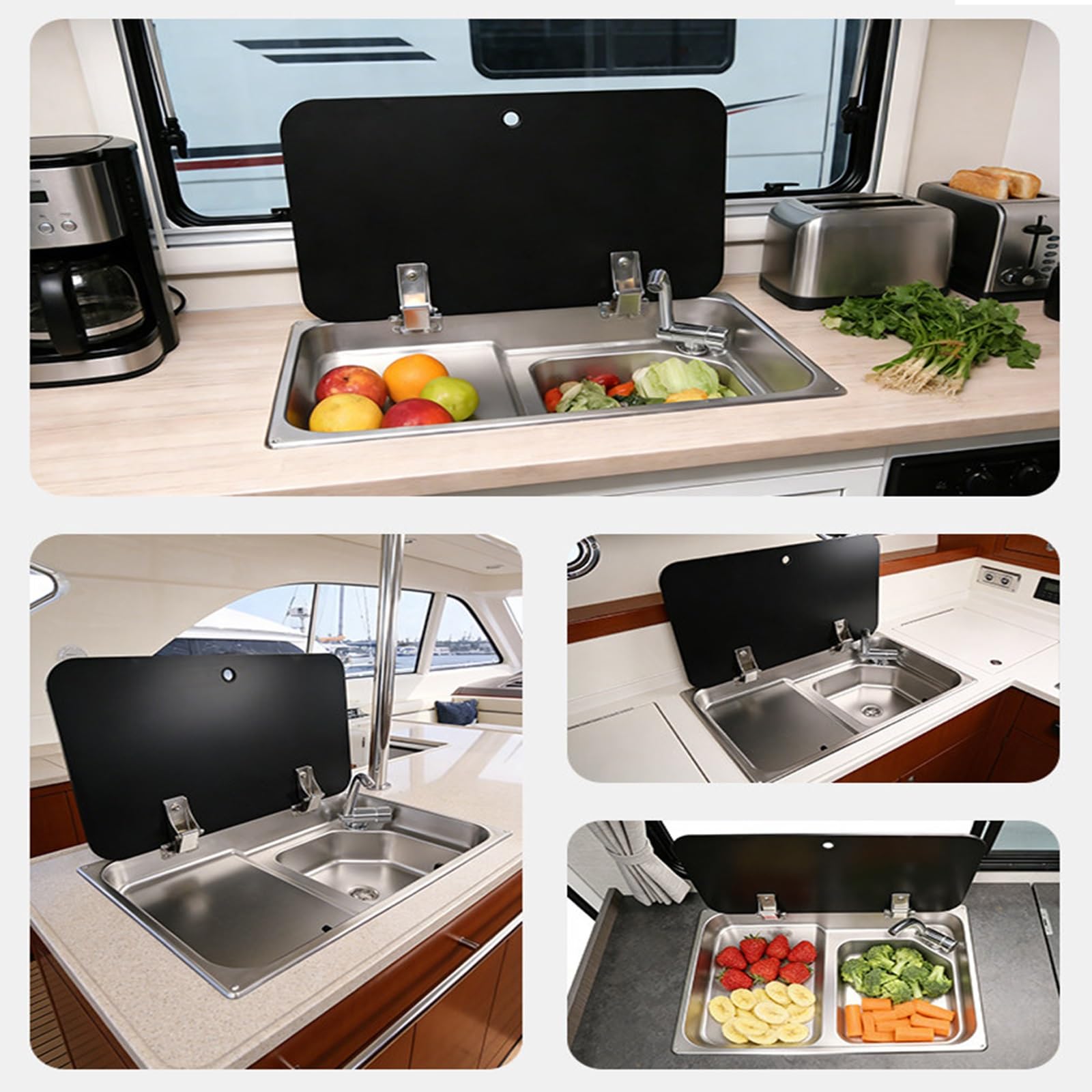 Fregadero Camper, Fregadero Cocina con Grifo Integrado, Tapa Oculta, Escurridor, Acero Inoxidable 304, para Bar, Food Truck o Caravana