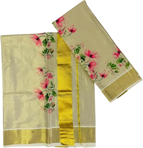 Women's Kuthampully Kerala Kasavu Set Mundu Tissue Mural Hand Printed - Multi Color EKM-338