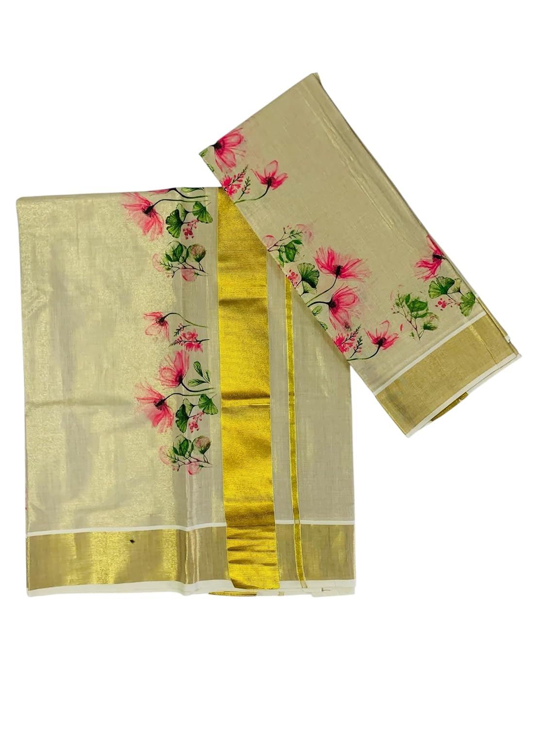 Women's Kuthampully Kerala Kasavu Set Mundu Tissue Mural Hand Printed - Multi Color EKM-338 - Review, Price and Buying Guide