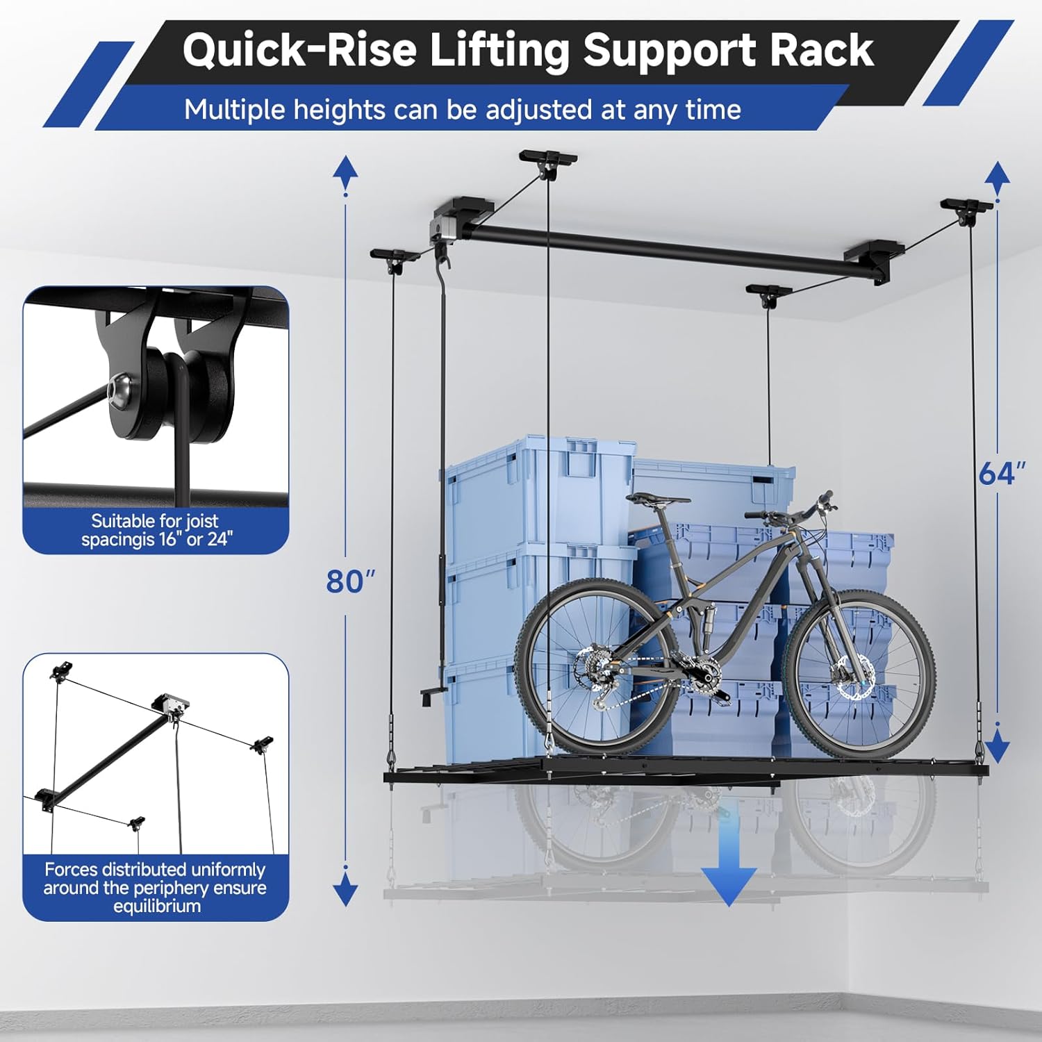 GADFISH Garage Ceiling Lift Storage Rack, Easy Lifting 85" Height Overhead Garage Storage Rack for Space Saving with Safety Lock, Suitable for 16"/24" Ceiling, 350LBS Capacity - Image 2