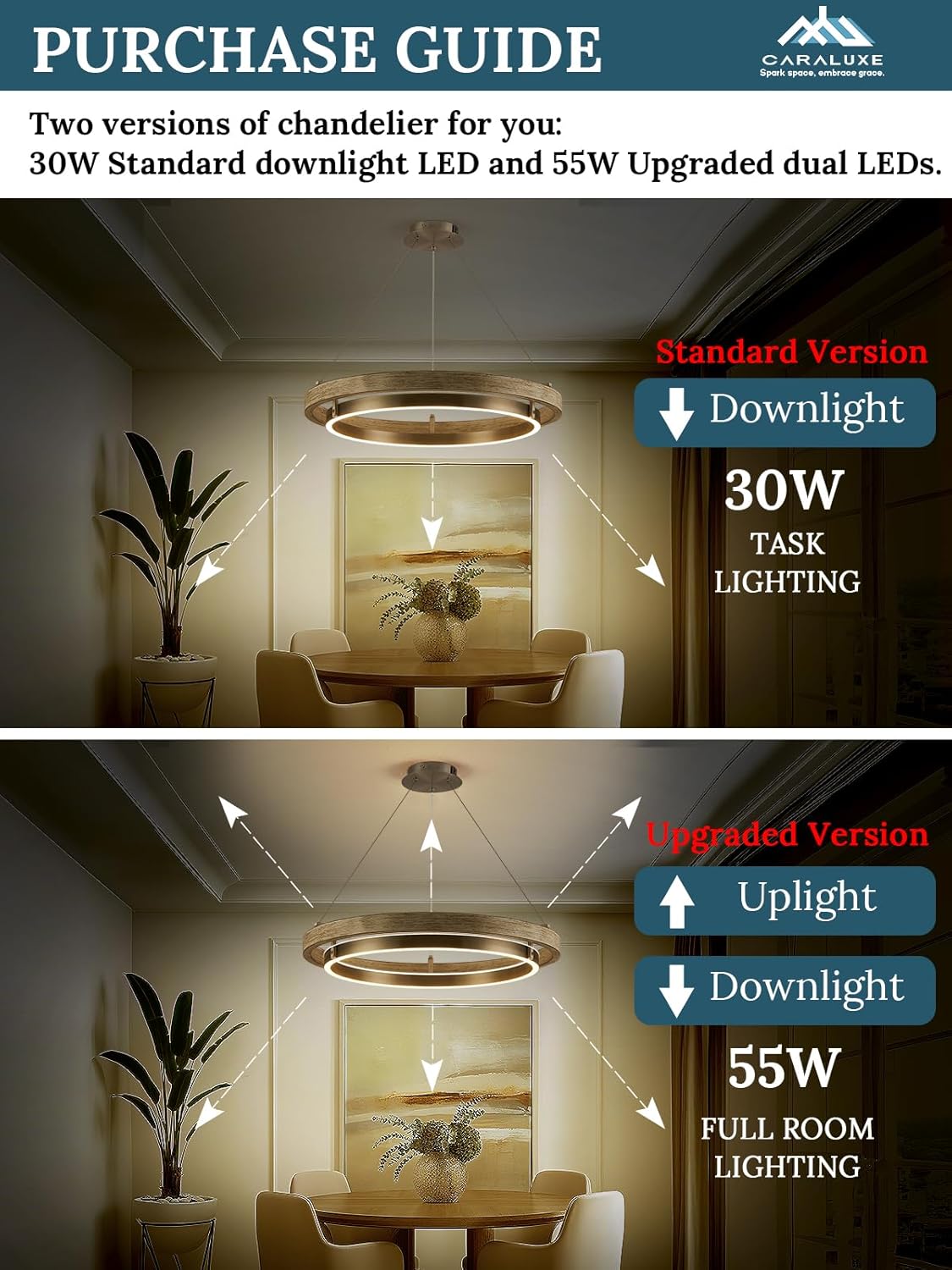LED 2 Ring Chandelier Dimmable Up Down Light Nickel Chandelier Round Foyer Chandeliers Light Weathered Wood Circular Chandeliers for Dining Room Entry Bedroom Office Living Room