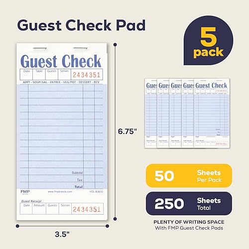 Miniatura 68 de FMP Brands Libros de cheques de invitados para servidores, papel de bloc de notas de servidor, total de 500 hojas (10 blocs), azul con recibo