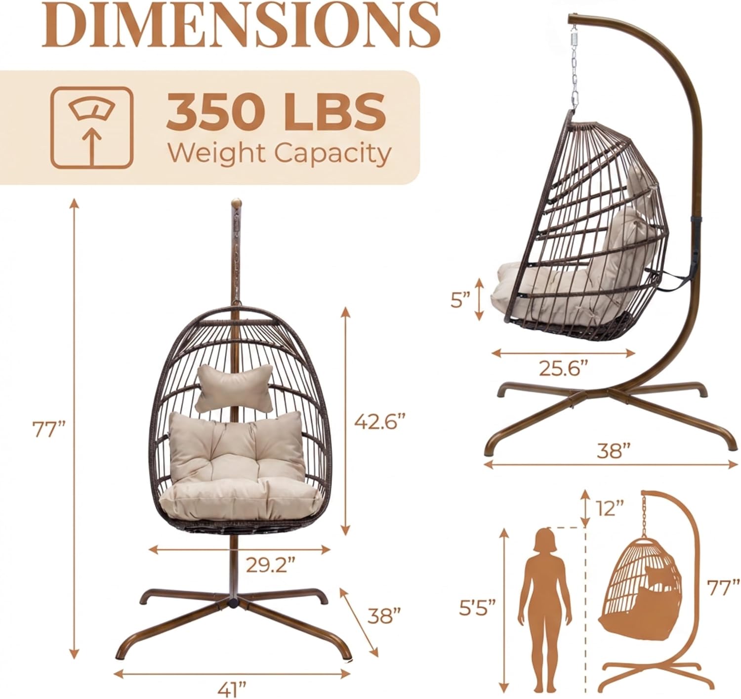 RADIATA Egg Chair with Stand, Wicker Egg Swing Chair Outdoor, Brown | 350 lbs Heavy Duty, Weather-Resistant PE Wicker, Egg Hanging Chair with Thick Cushion, for Porch Deck Balcony image 4