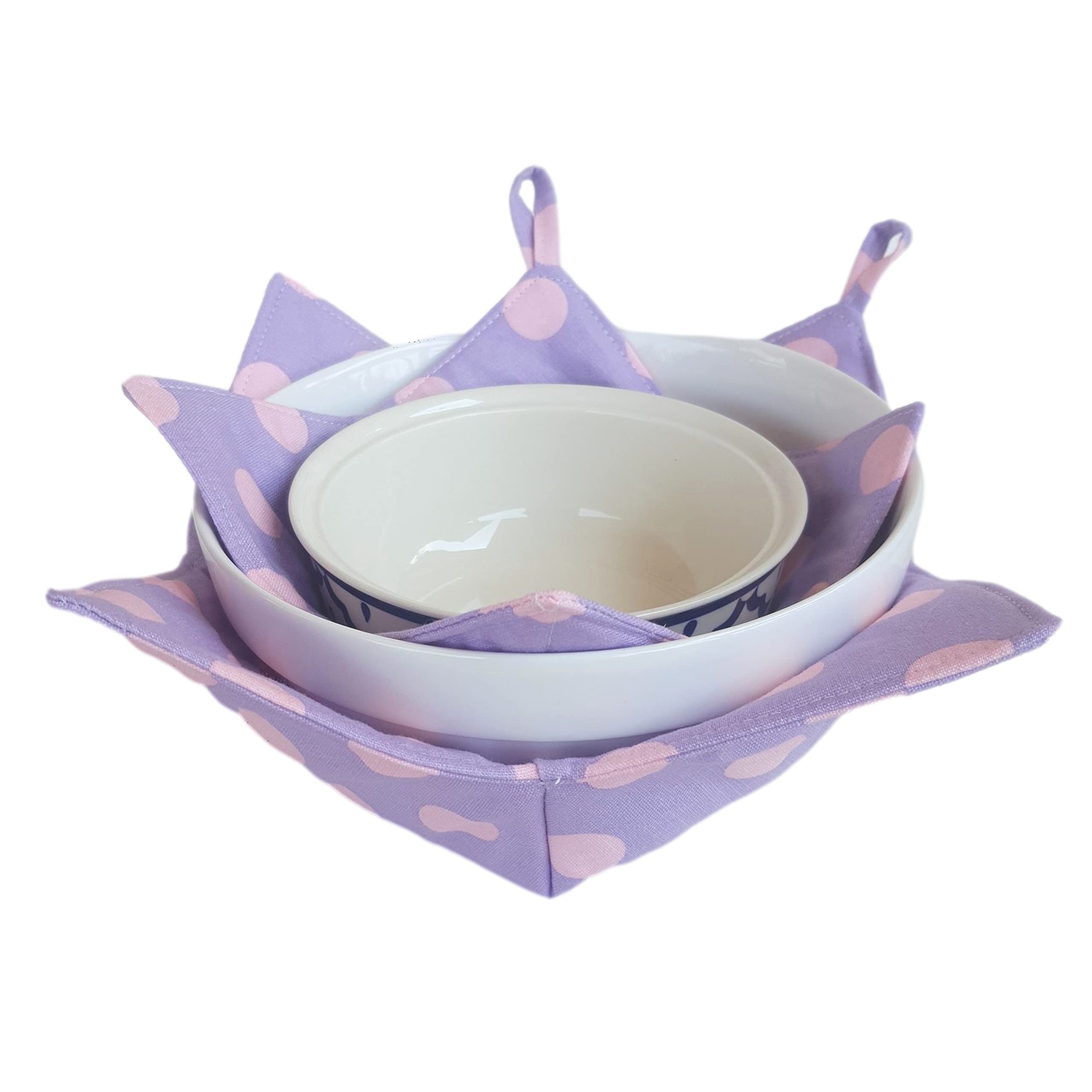 CUSHYSTORE 2 Bowl Cozies Canvas Holders Heat and Cold Resistant Anti-Scalding Protector 8.5" Large 7.5" Small (Purple Polka Dot)
