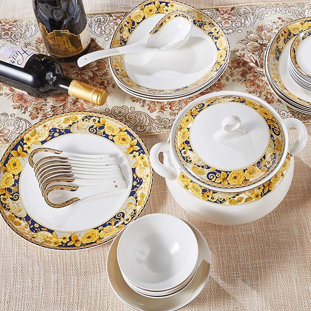 Ceramiczny zestaw naczyń obiadowych z 46-częściowymi miseczkami, naczyniami, garnkami do zupy i łyżkami na imprezy rodzinne i restauracje