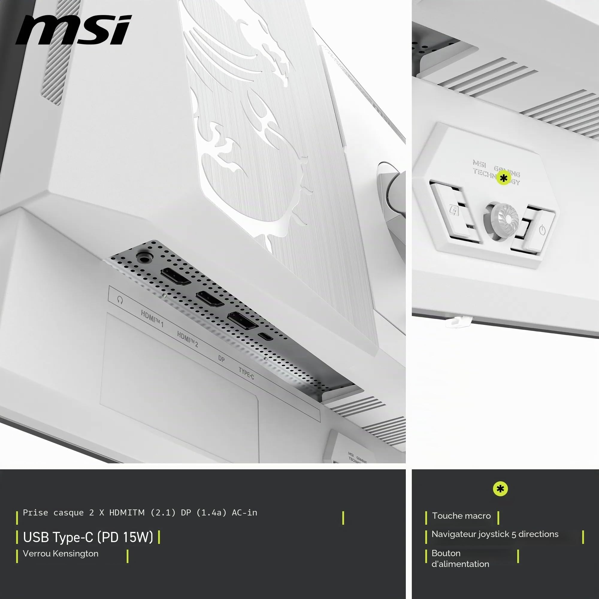 MSI MAG 272QPW QD-OLED X28 27" WQHD, Moniteur de Jeu, Panneau OLED Quantum Dot 2560 x 1440, 280 Hz, 0,03 ms, DisplayHDR True Black 400, HDMI 2.1, DP 1.4a, USB C (15 WPD), Blanc