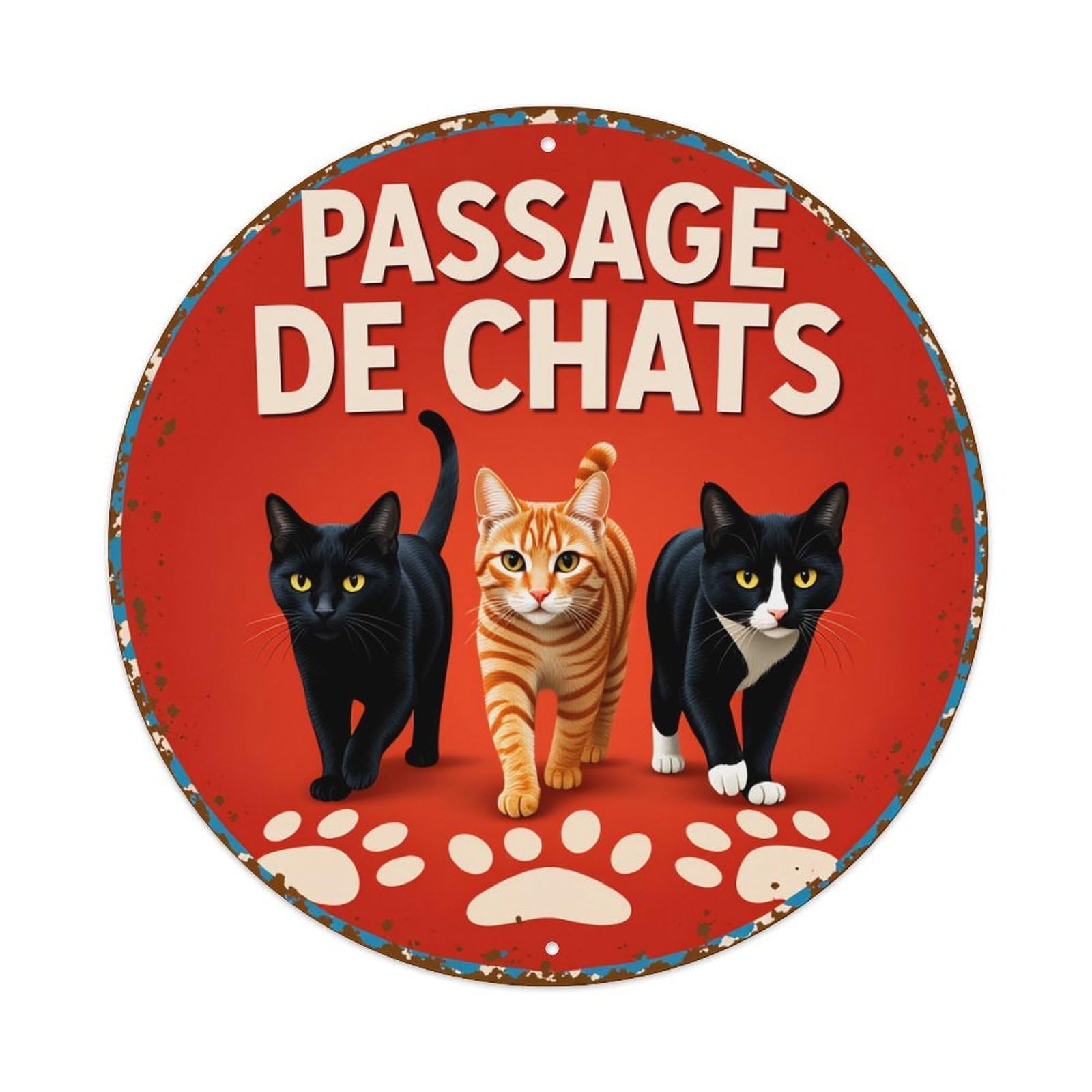 Lzwbntey Vintage Cats Passage Cats Paw Prints Metal Tin Sign Retro Wall Decor For Home Bar Garage Cafe, Indoor & Outdoor Decorative，Circle Metal Poster, 8X8 Inch