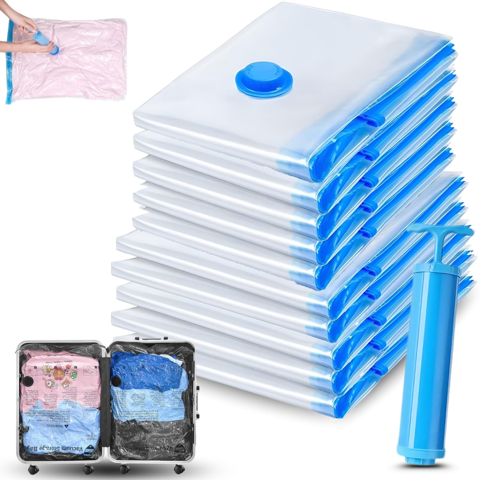 AZH Pack of 10 Vacuum Bags for Clothes for Travelling (5Pcs Jumbo* 5Pcs Large) Compression Bags for Travel Vacuum Storage Bags with Hand Pump-أكياس ضغط للسفر-(PACK 10(5J+5L))