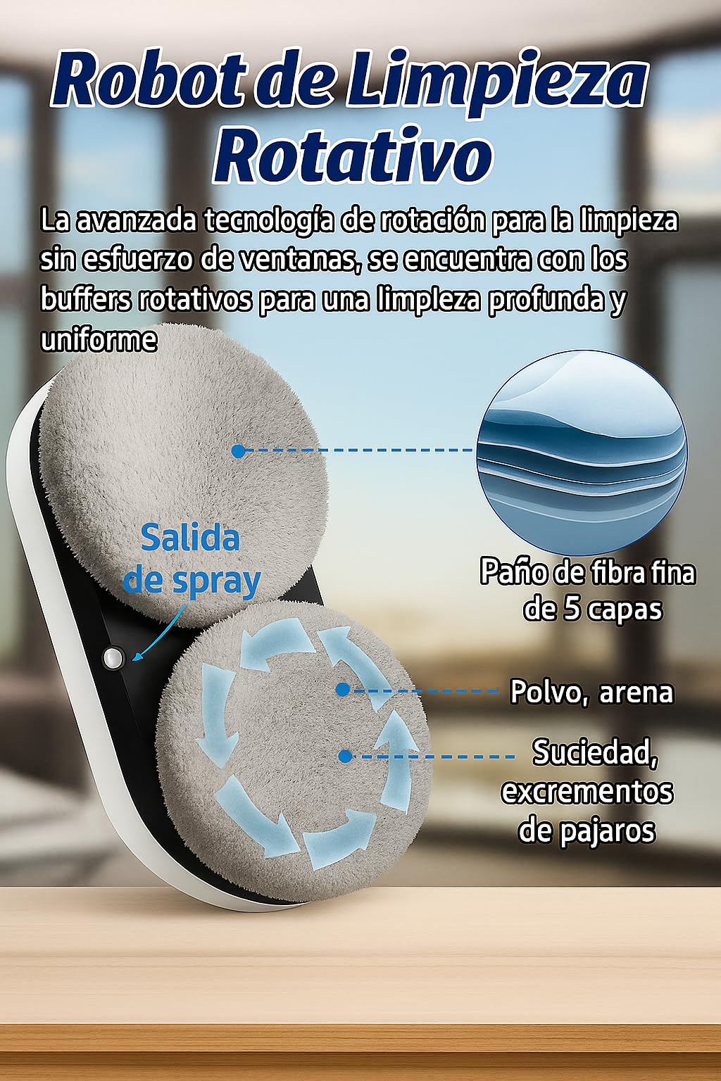 Genérico Robot Limpiacristales 3 en 1 con Spray Automático – 5600 Pa de Potencia, Control por App y Mando, Sistema de Seguridad Anti-caídas, 8 paños de Microfibra Gratis.