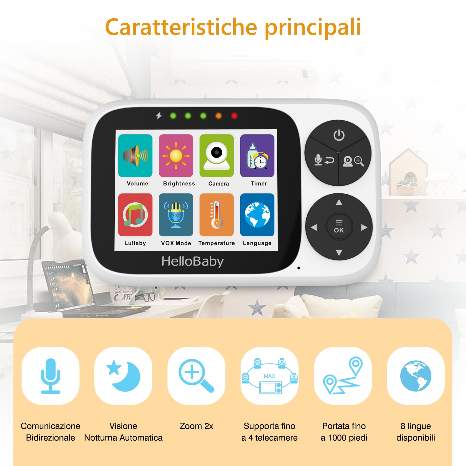 HelloBaby Baby Monitor Video e Audio telecamera bambini con monitor | Schermo IPS da 3,2", Senza WiFi, Visione Notturna, Pan-Tilt-Zoom, Allarme Ninna Nanna e Portata di 1000 Piedi