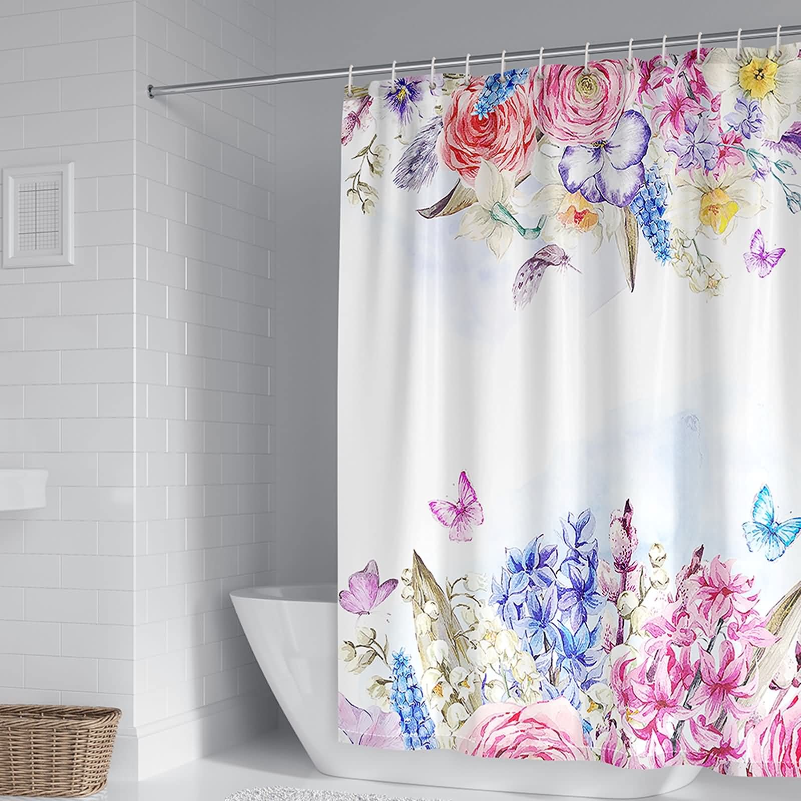 Rideau de douche fleurs papillon 165x200cm multicolore en polyester imperméable
