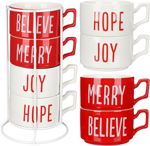 Sliner Juego de 4 tazas de café grandes apilables de Navidad de 10 onzas con estante de porcelana, tazas de café de cerámica con soporte de metal,